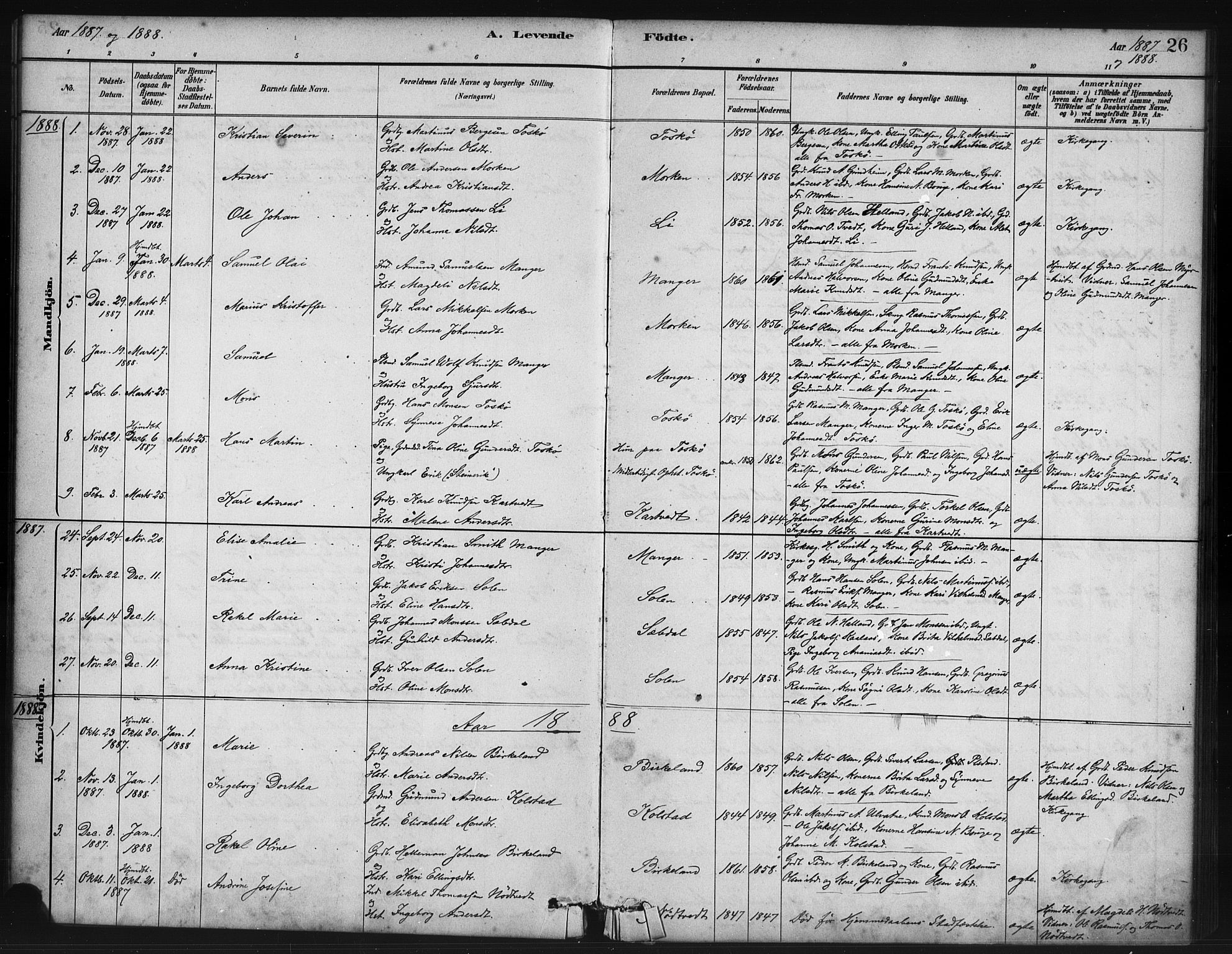 Manger sokneprestembete, SAB/A-76801/H/Haa: Parish register (official) no. B 1, 1881-1892, p. 26