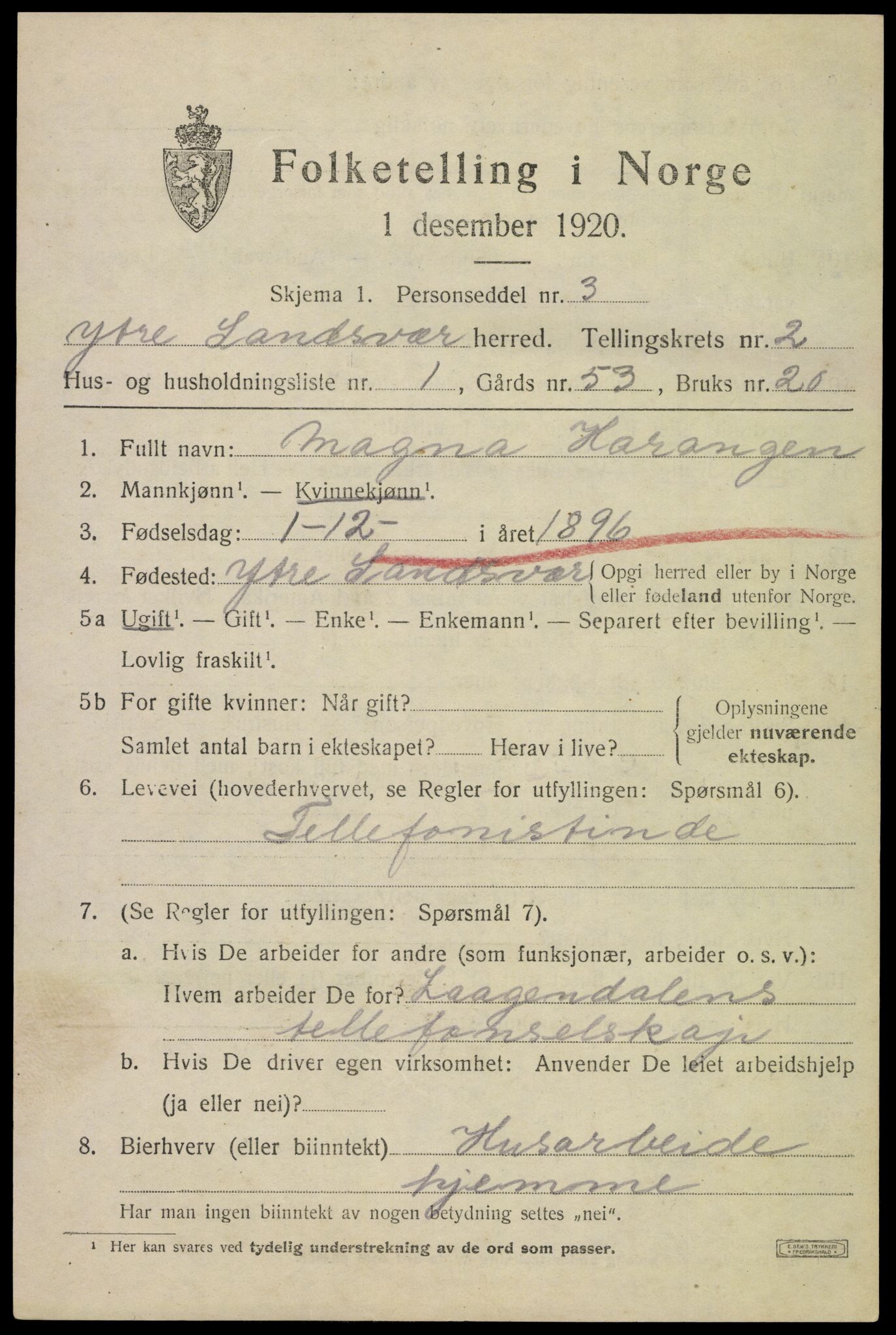 SAKO, 1920 census for Ytre Sandsvær, 1920, p. 2658