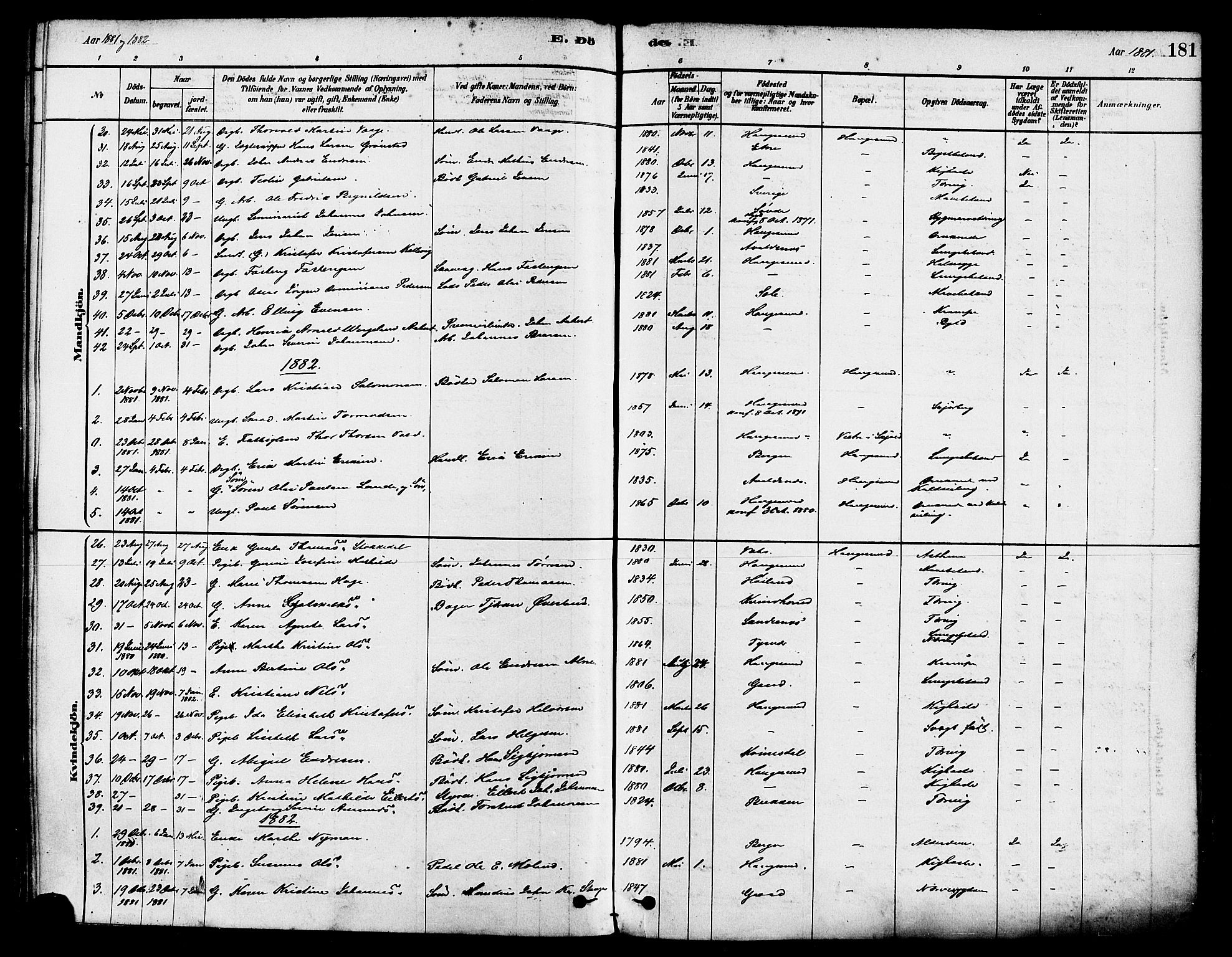 Haugesund sokneprestkontor, AV/SAST-A -101863/H/Ha/Haa/L0001: Parish register (official) no. A 1, 1878-1885, p. 181