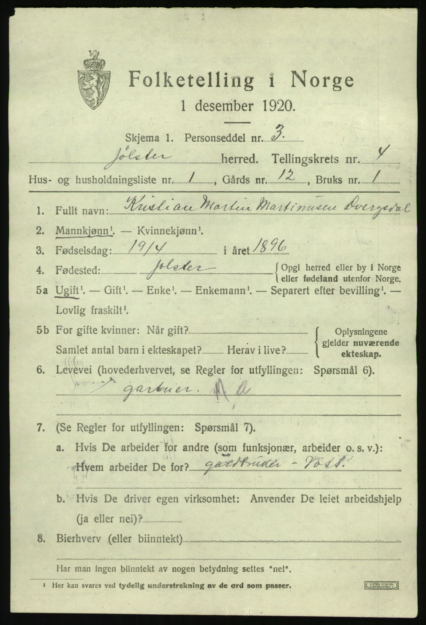 SAB, 1920 census for Jølster, 1920, p. 2374