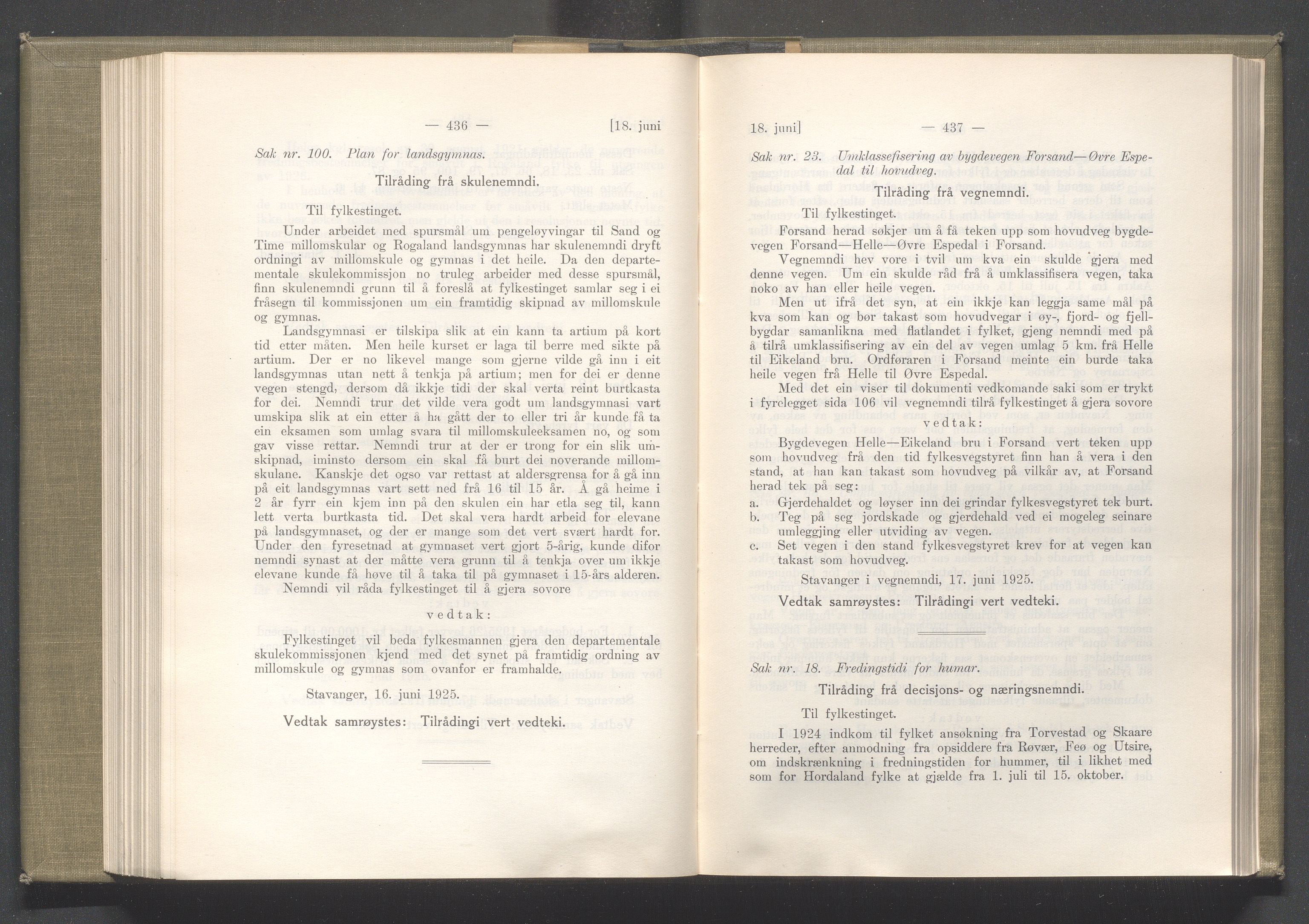 Rogaland fylkeskommune - Fylkesrådmannen , IKAR/A-900/A/Aa/Aaa/L0044: Møtebok , 1925, p. 436-437