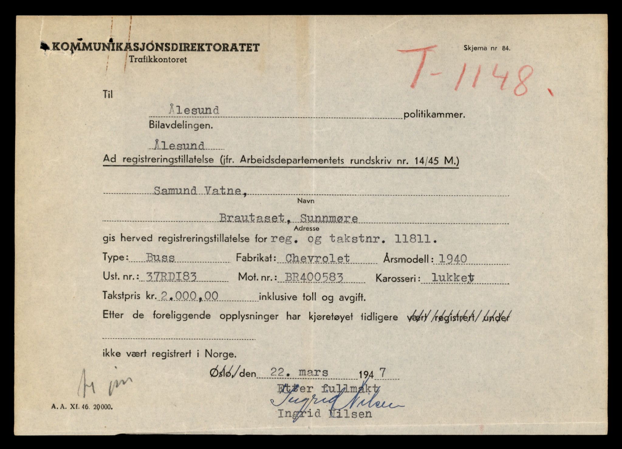 Møre og Romsdal vegkontor - Ålesund trafikkstasjon, AV/SAT-A-4099/F/Fe/L0015: Registreringskort for kjøretøy T 1700 - T 1850, 1927-1998, p. 2679