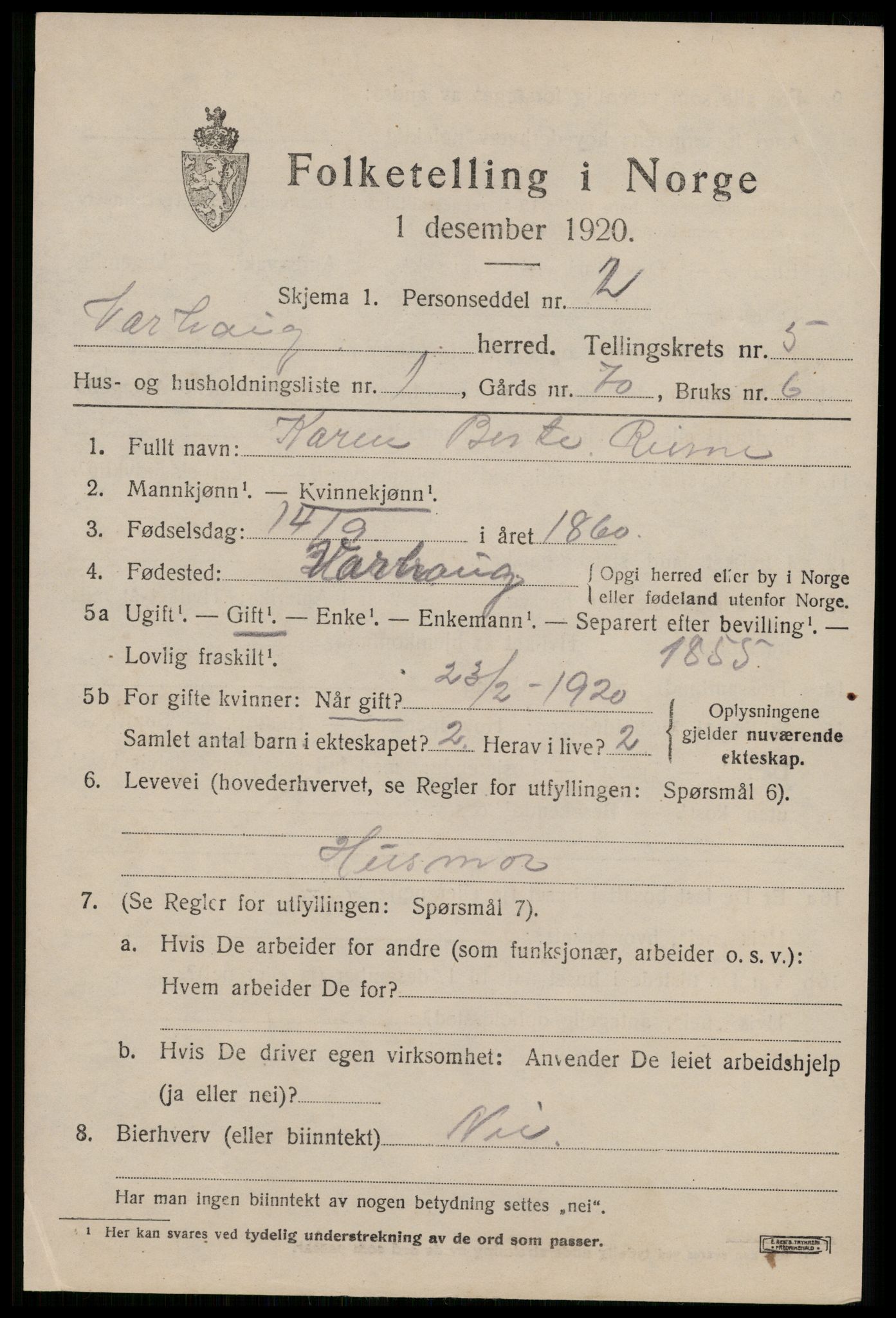 SAST, 1920 census for Varhaug, 1920, p. 4421