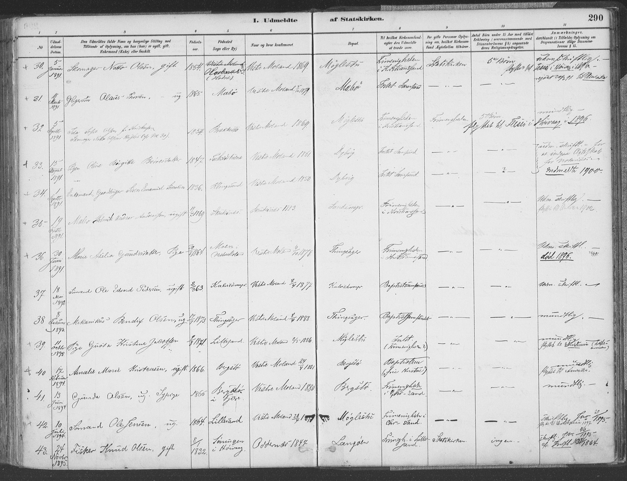 Vestre Moland sokneprestkontor, SAK/1111-0046/F/Fa/Fab/L0009: Parish register (official) no. A 9, 1884-1899, p. 290