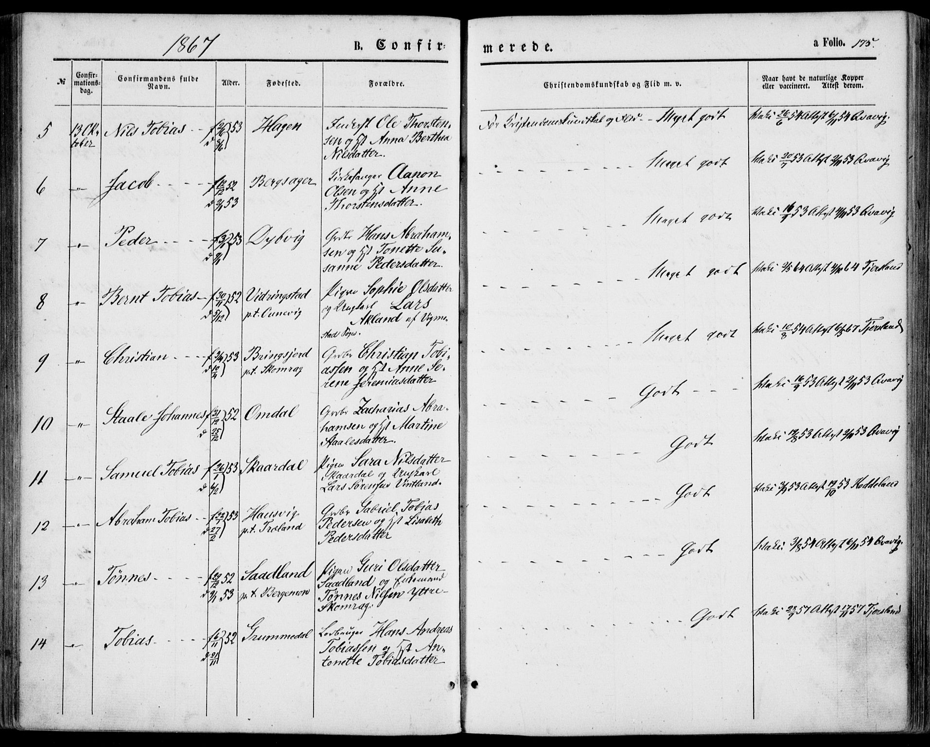 Lyngdal sokneprestkontor, SAK/1111-0029/F/Fa/Fac/L0010: Parish register (official) no. A 10, 1865-1878, p. 175