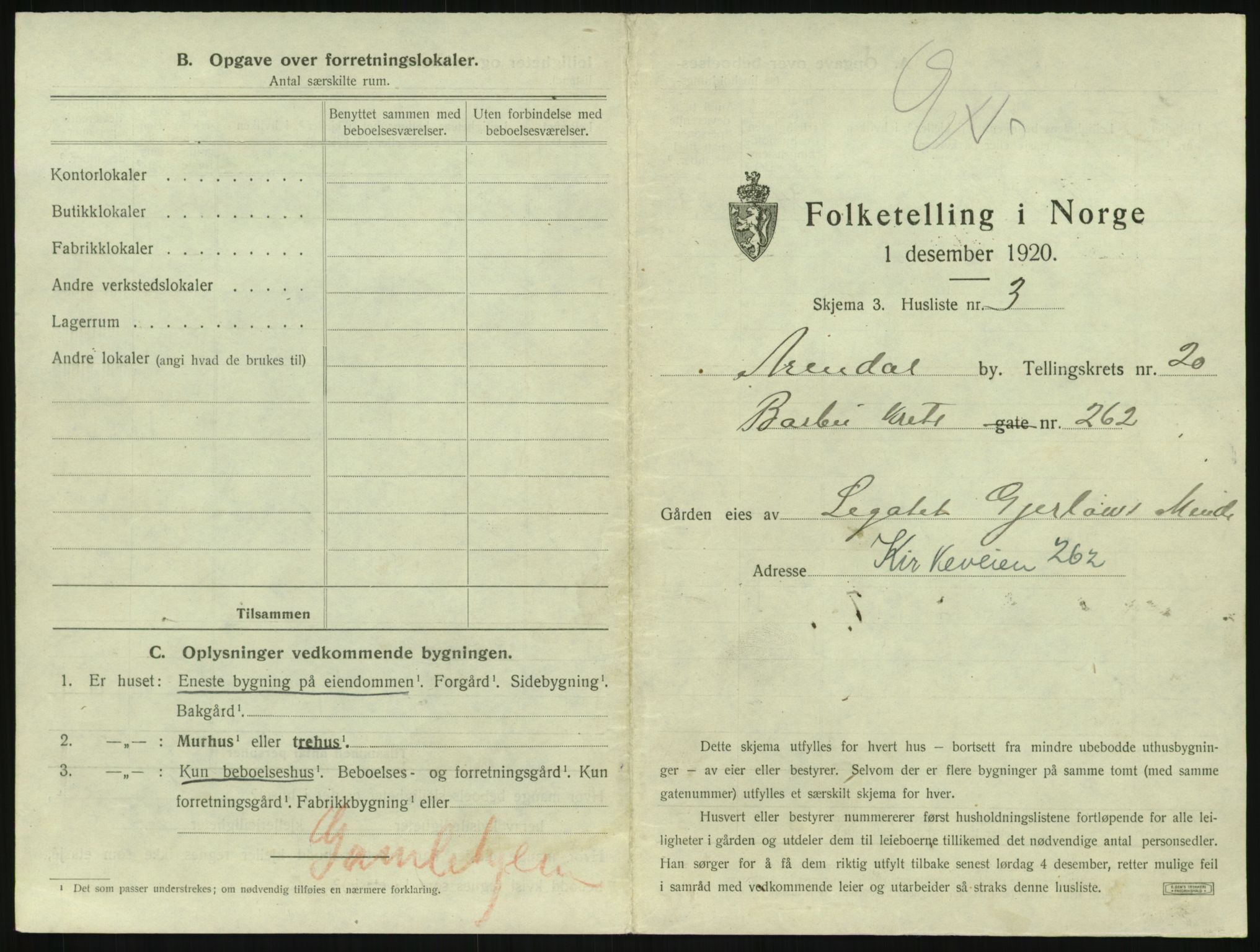 SAK, 1920 census for Arendal, 1920, p. 3106