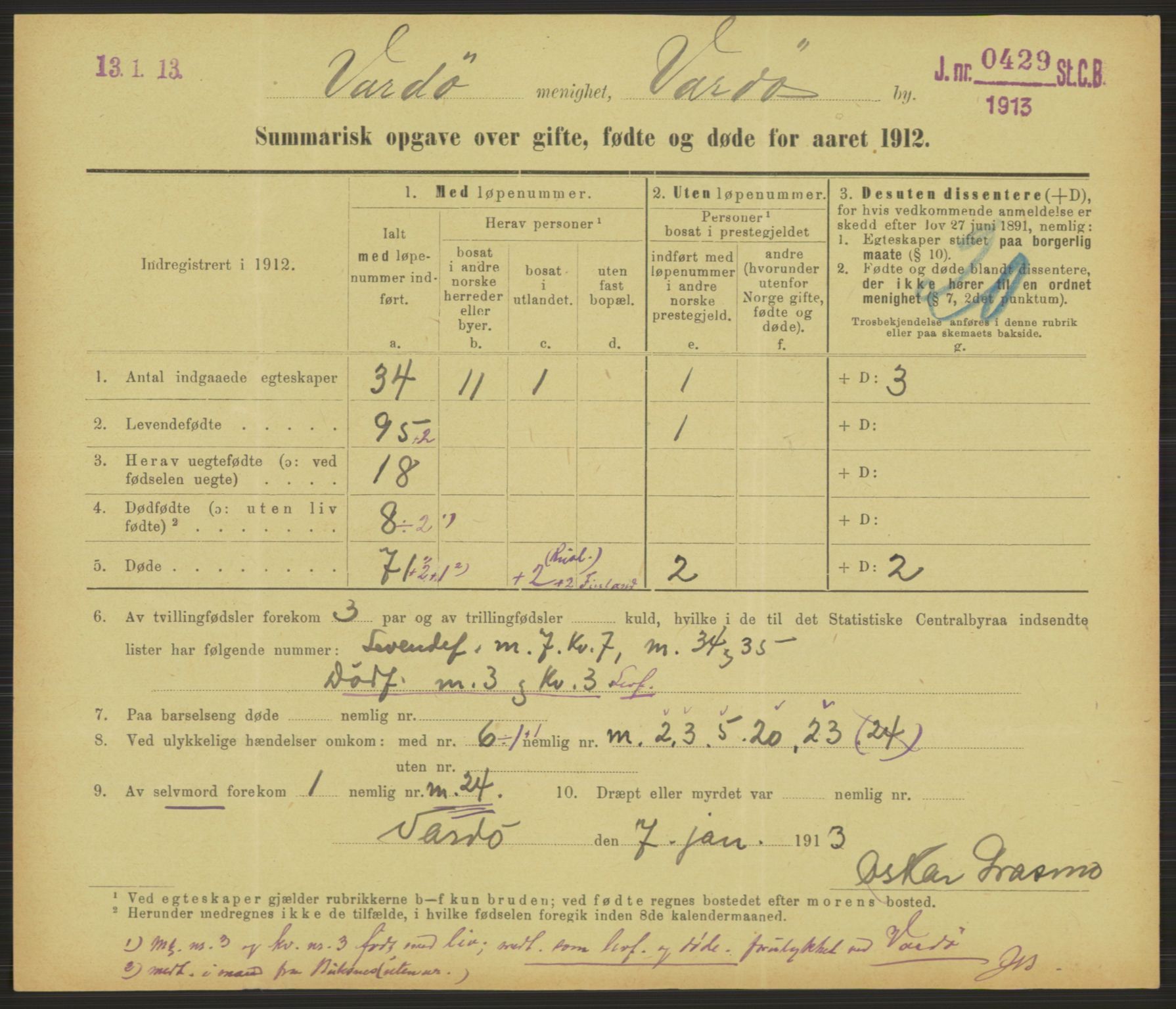 Statistisk sentralbyrå, Sosiodemografiske emner, Befolkning, RA/S-2228/D/Df/Dfb/Dfbb/L0052: Summariske oppgaver over gifte, fødte og døde for hele landet., 1912, p. 1529