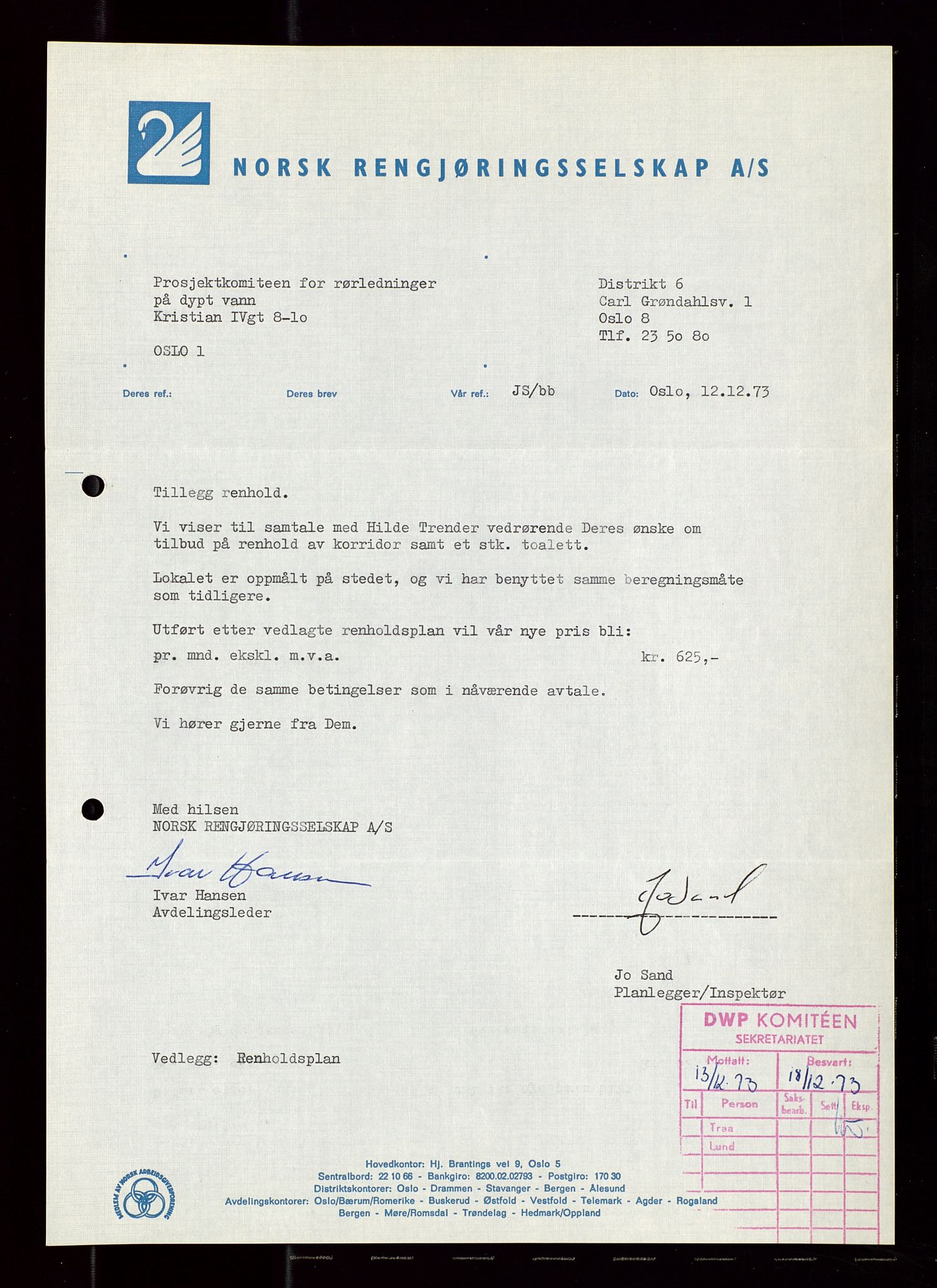 Industridepartementet, Oljekontoret, AV/SAST-A-101348/Di/L0002: DWP, måneds- kvartals- halvårs- og årsrapporter, økonomi, personell, div., 1972-1974, p. 494