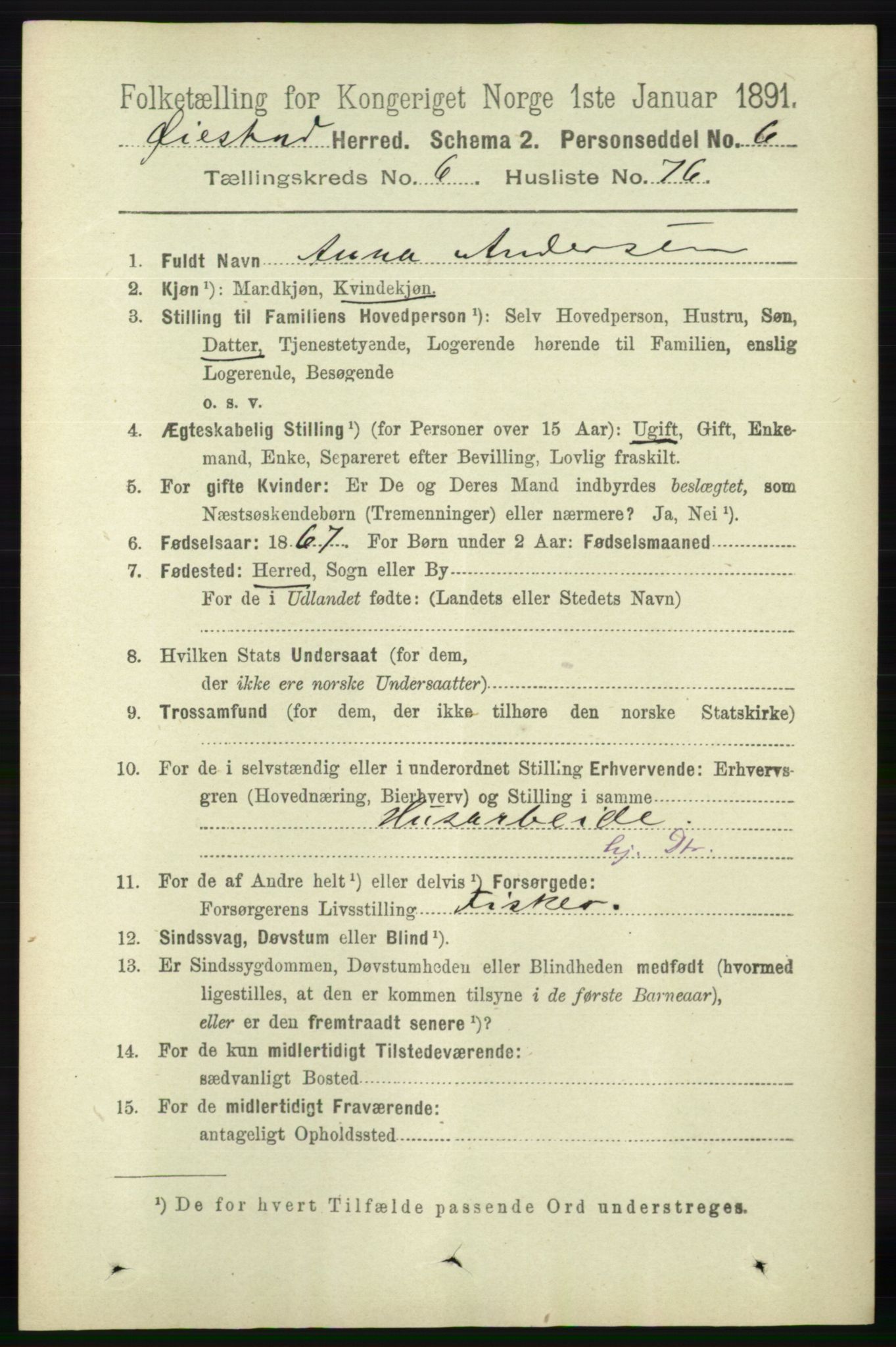 RA, 1891 census for 0920 Øyestad, 1891, p. 2560