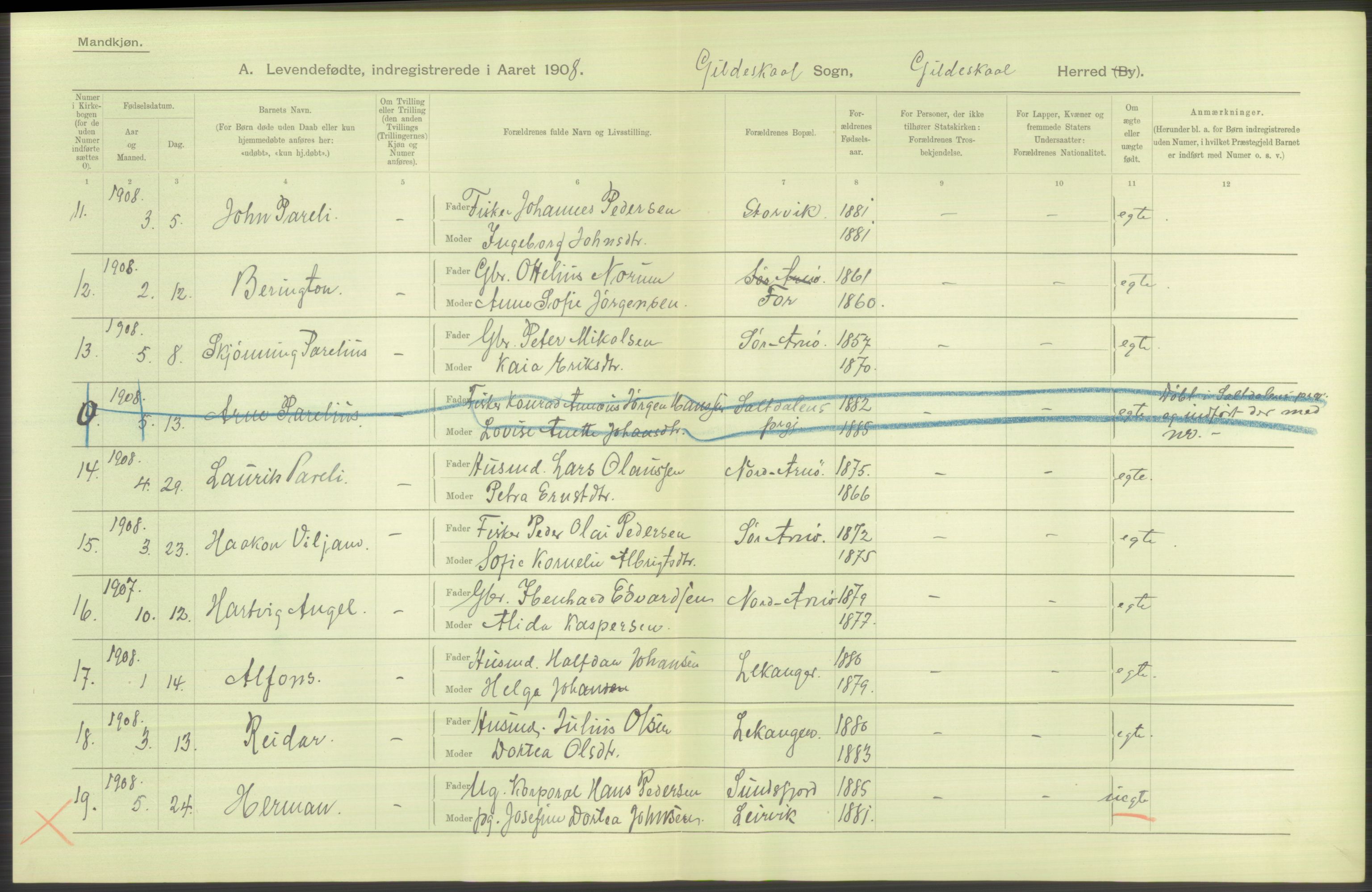 Statistisk sentralbyrå, Sosiodemografiske emner, Befolkning, AV/RA-S-2228/D/Df/Dfa/Dfaf/L0043: Nordlands amt: Levendefødte menn og kvinner. Bygder., 1908, p. 12