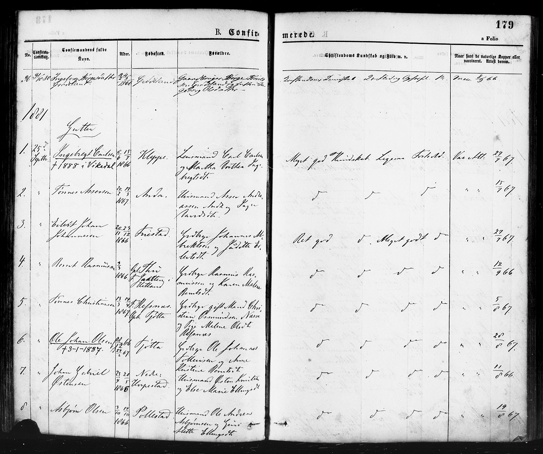 Klepp sokneprestkontor, AV/SAST-A-101803/001/3/30BA/L0006: Parish register (official) no. A 6, 1871-1885, p. 179