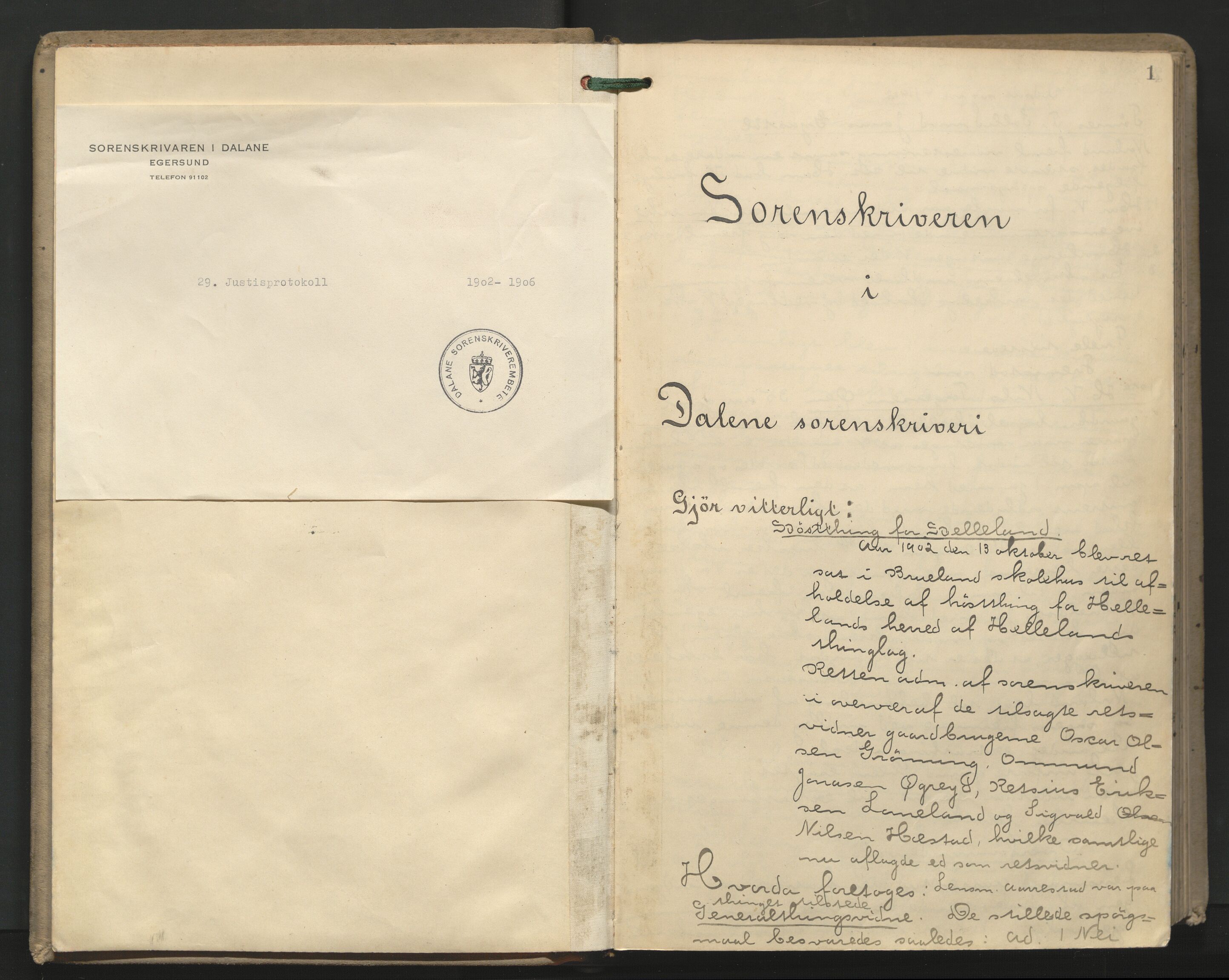 Dalane sorenskriveri, AV/SAST-A-100309/001/3/30/30BA/L0007: TINGBOK, 1902-1906, p. 1