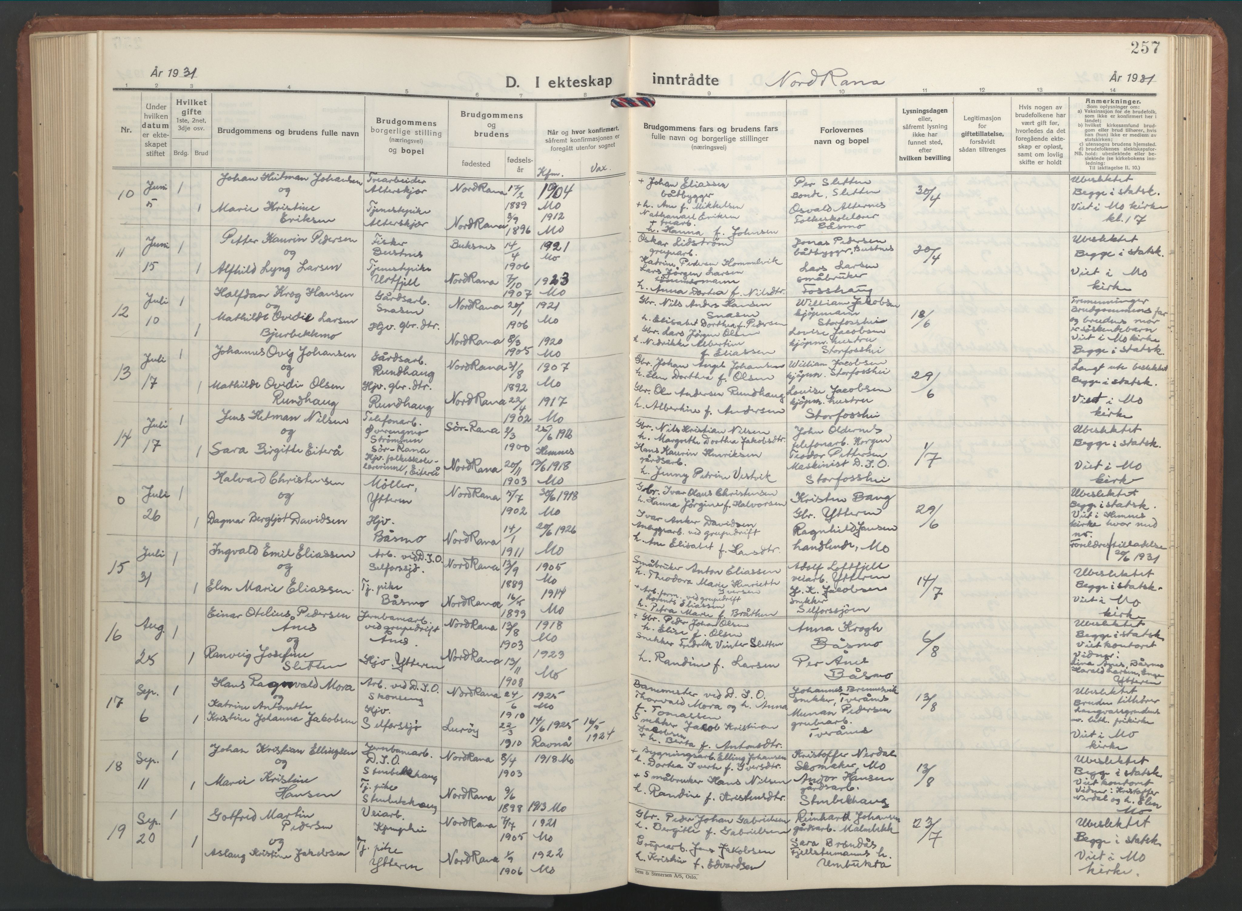 Ministerialprotokoller, klokkerbøker og fødselsregistre - Nordland, AV/SAT-A-1459/827/L0425: Parish register (copy) no. 827C14, 1931-1946, p. 257