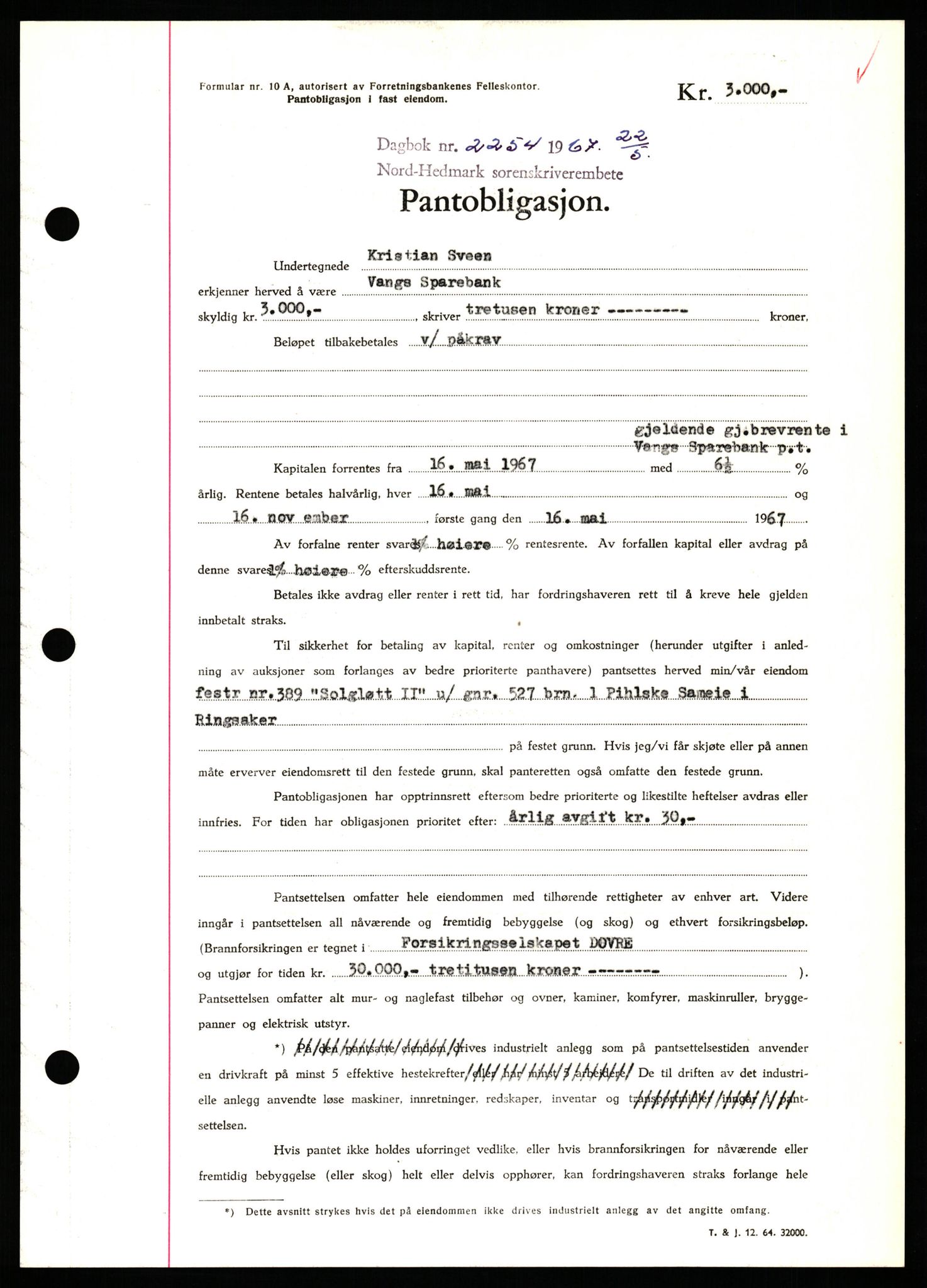 Nord-Hedmark sorenskriveri, SAH/TING-012/H/Hb/Hbf/L0071: Mortgage book no. B71, 1967-1967, Diary no: : 2254/1967