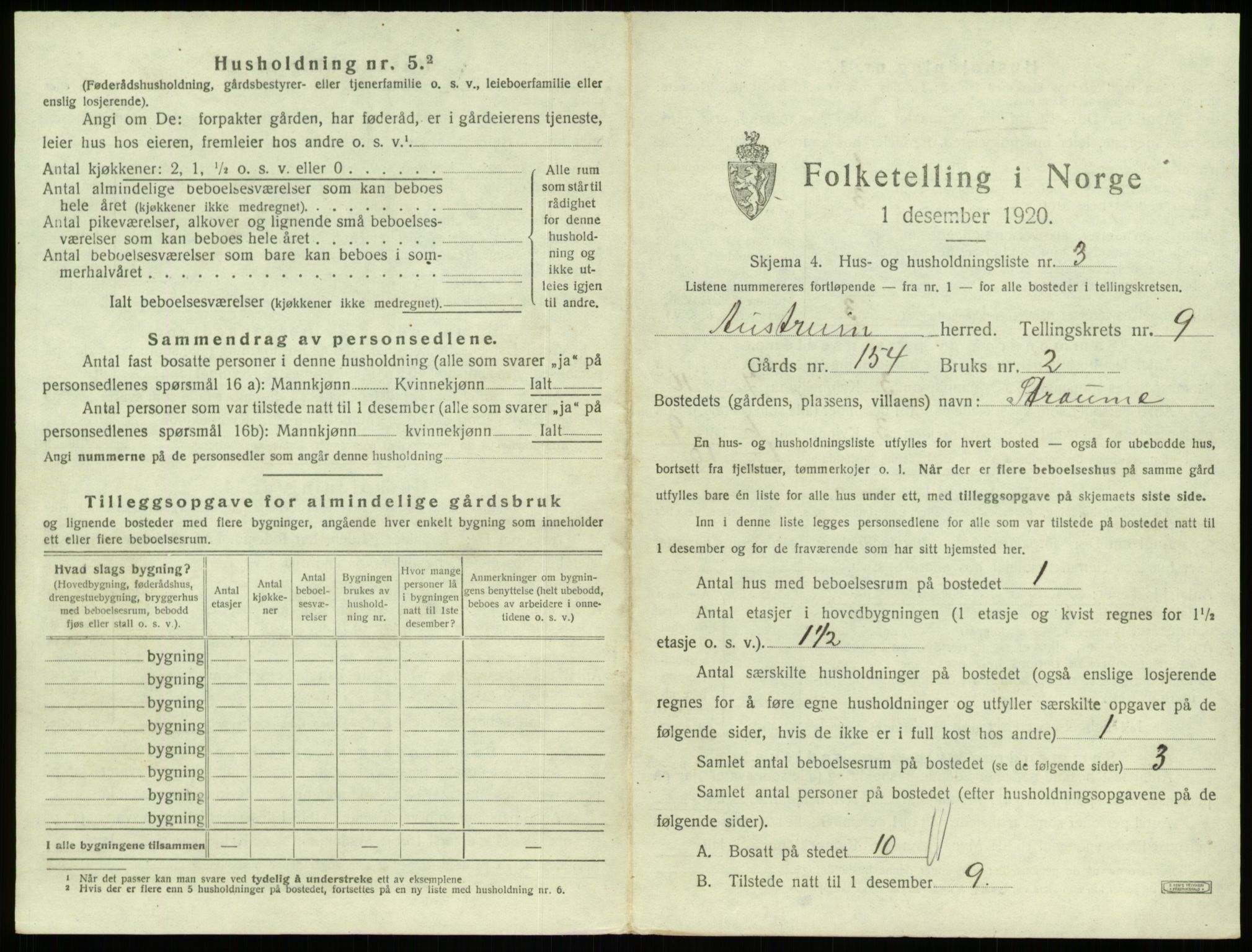 SAB, 1920 census for Austrheim, 1920, p. 425