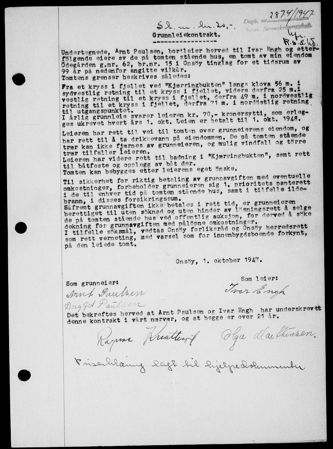 Onsøy sorenskriveri, SAO/A-10474/G/Ga/Gab/L0021: Mortgage book no. II A-21, 1947-1947, Diary no: : 2874/1947