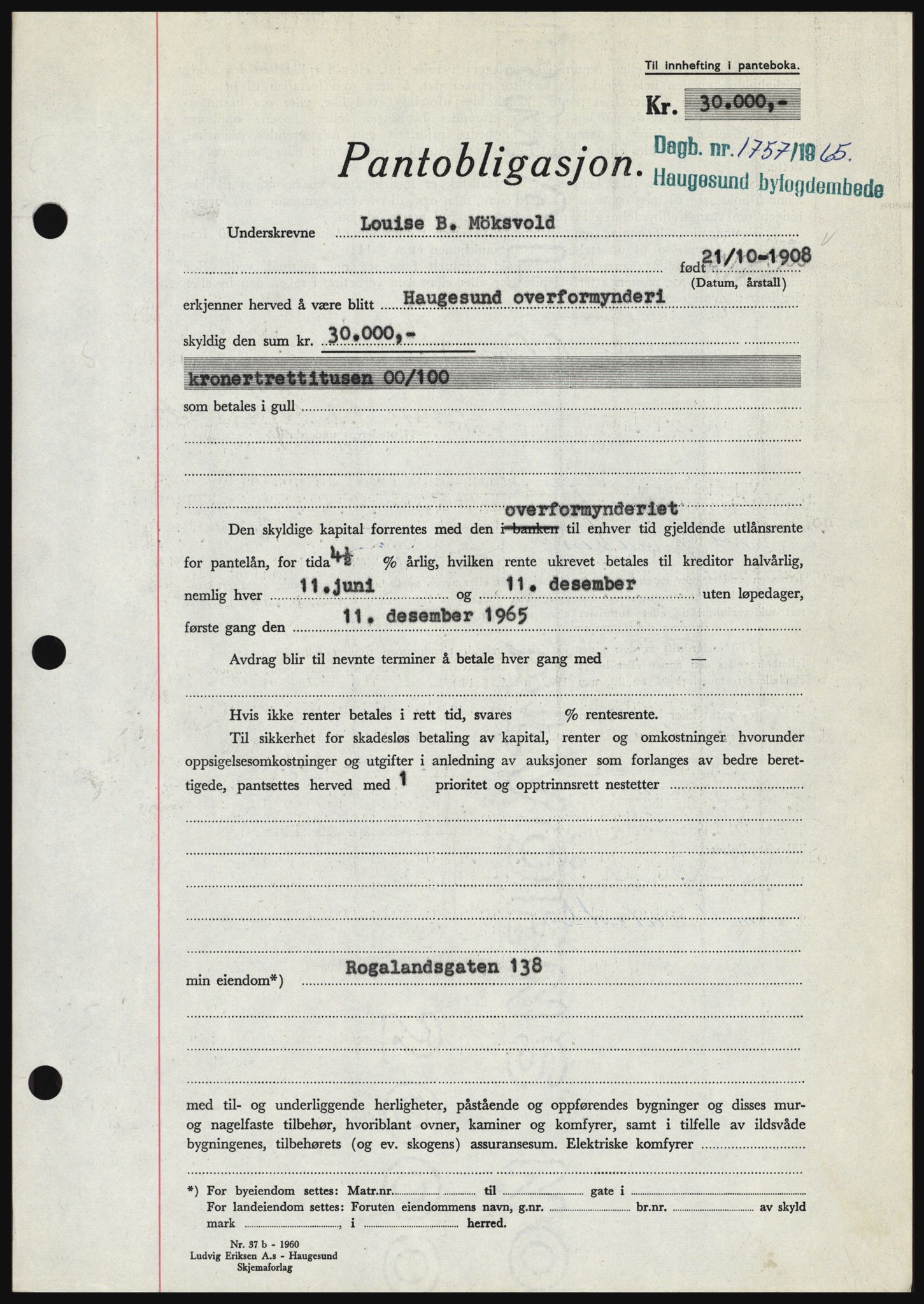 Haugesund tingrett, SAST/A-101415/01/II/IIC/L0053: Mortgage book no. B 53, 1965-1965, Diary no: : 1757/1965