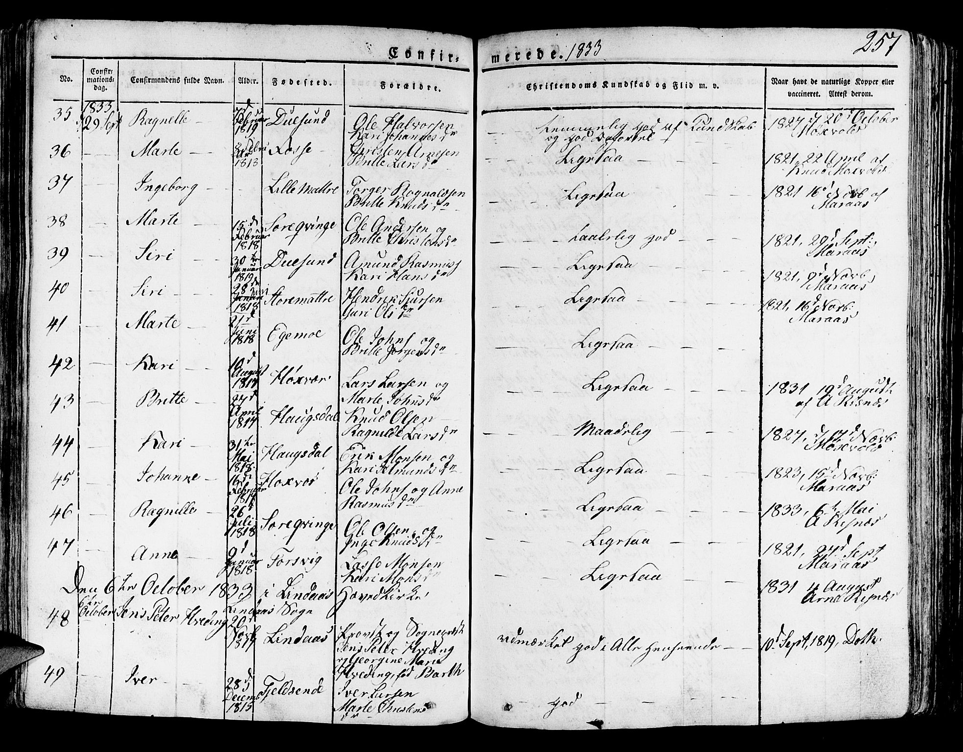 Lindås Sokneprestembete, AV/SAB-A-76701/H/Haa/Haaa/L0008: Parish register (official) no. A 8, 1823-1836, p. 257