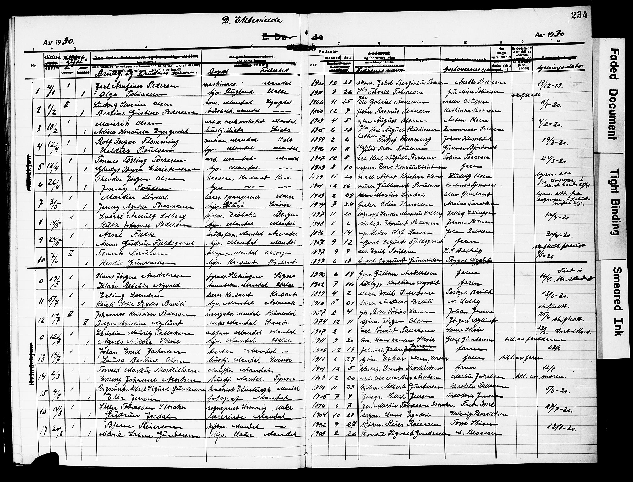 Mandal sokneprestkontor, SAK/1111-0030/F/Fb/Fbc/L0001: Parish register (copy) no. B 1, 1918-1931, p. 234
