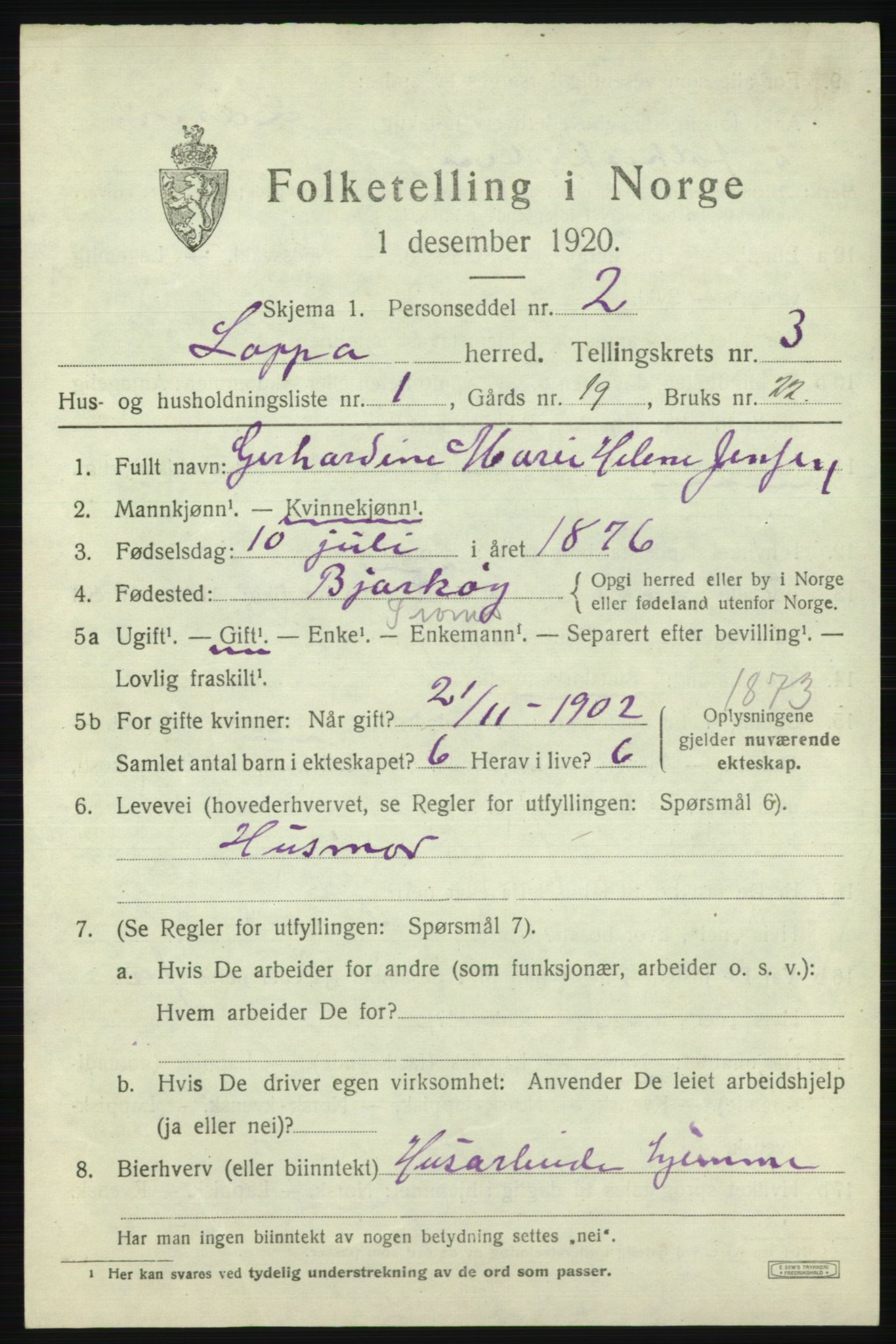 SATØ, 1920 census for Loppa, 1920, p. 1016