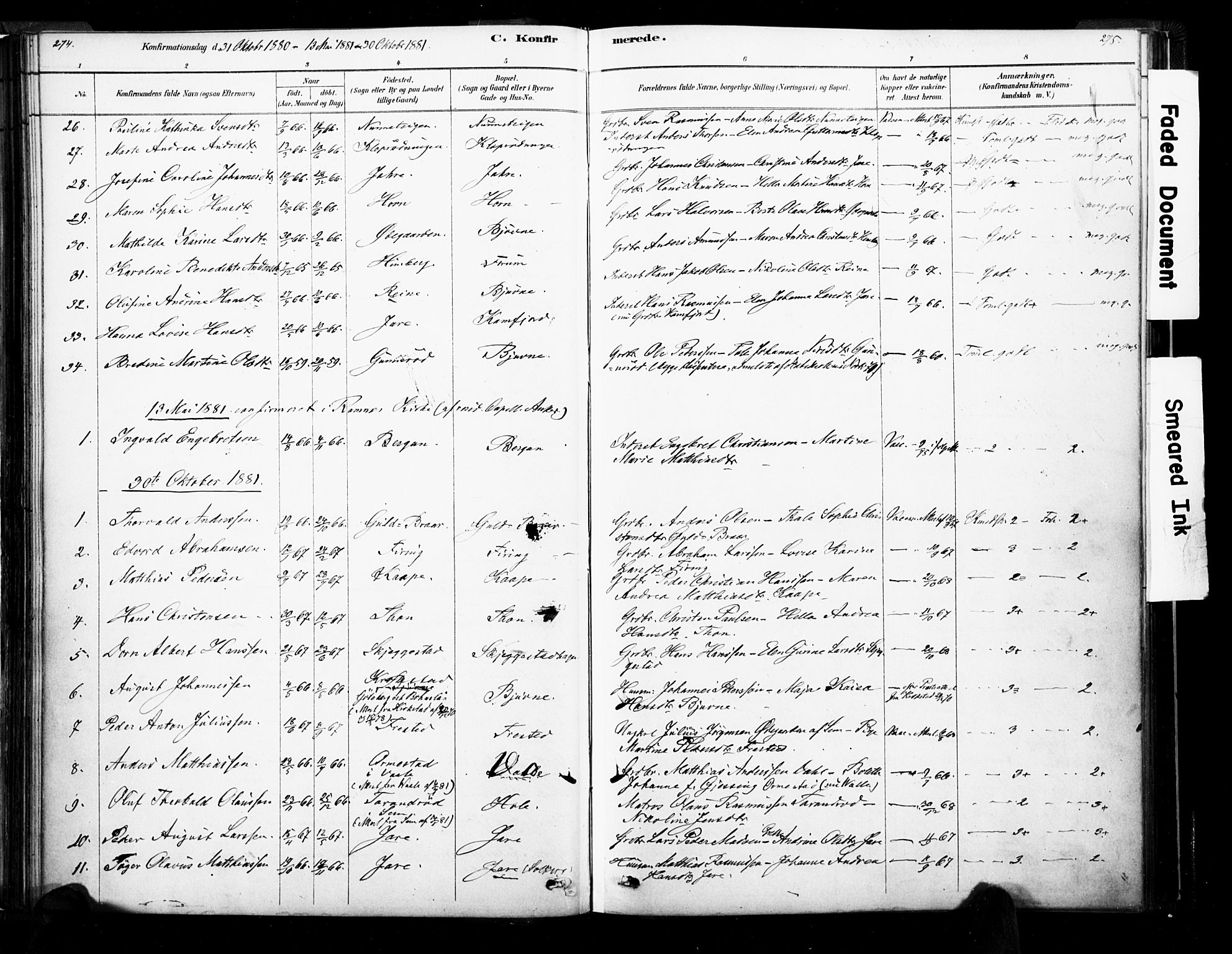 Ramnes kirkebøker, AV/SAKO-A-314/F/Fa/L0007: Parish register (official) no. I 7, 1878-1895, p. 274-275