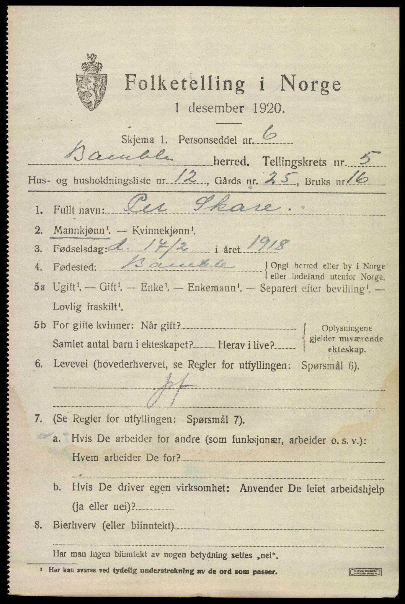 SAKO, 1920 census for Bamble, 1920, p. 5105