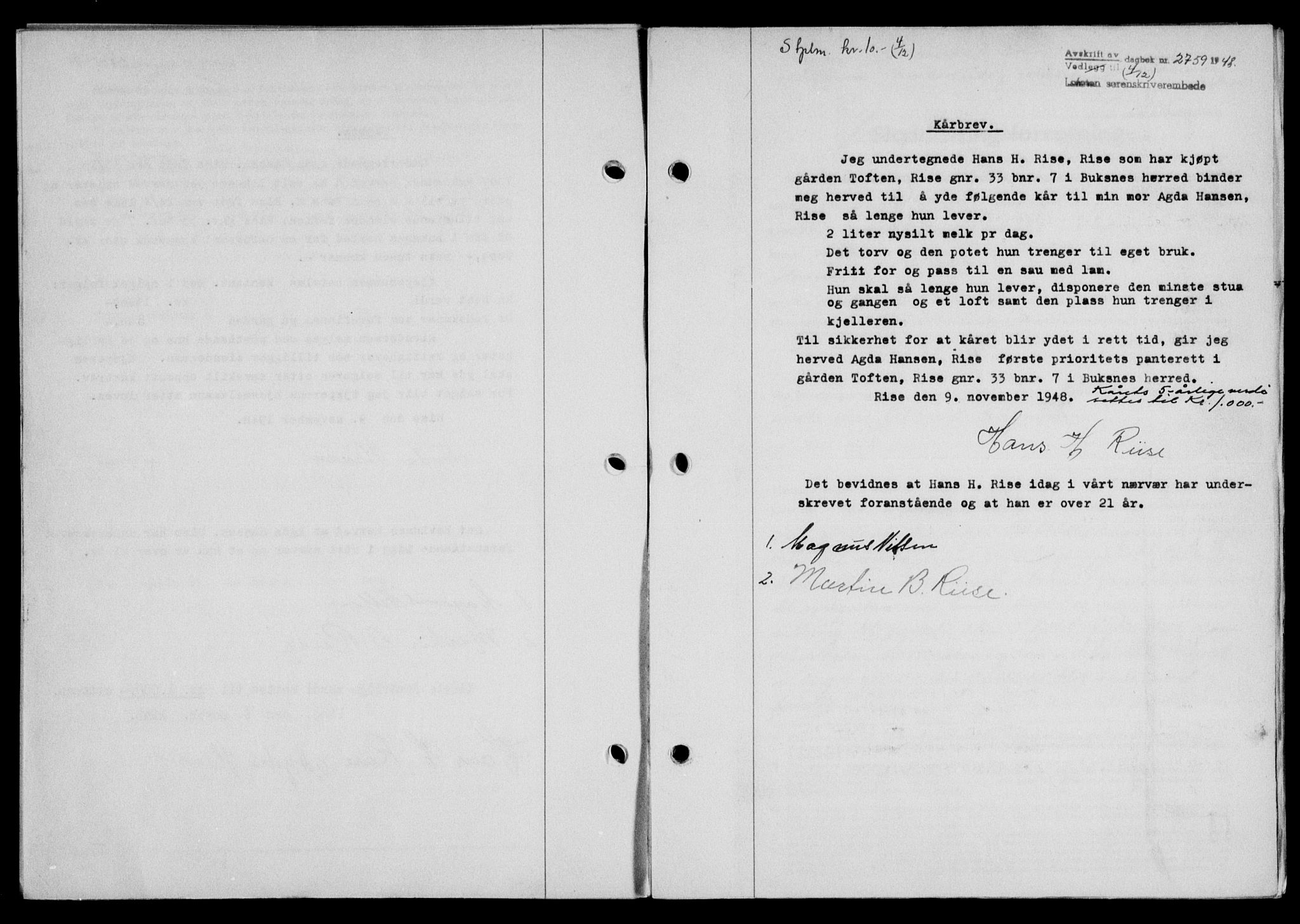 Lofoten sorenskriveri, SAT/A-0017/1/2/2C/L0020a: Mortgage book no. 20a, 1948-1949, Diary no: : 2759/1948