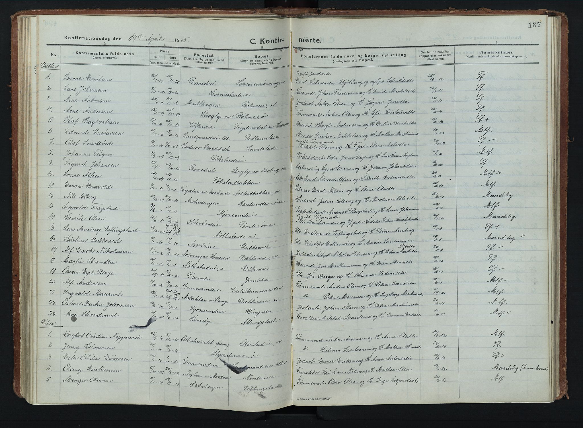 Stange prestekontor, AV/SAH-PREST-002/K/L0028: Parish register (official) no. 28, 1913-1932, p. 137