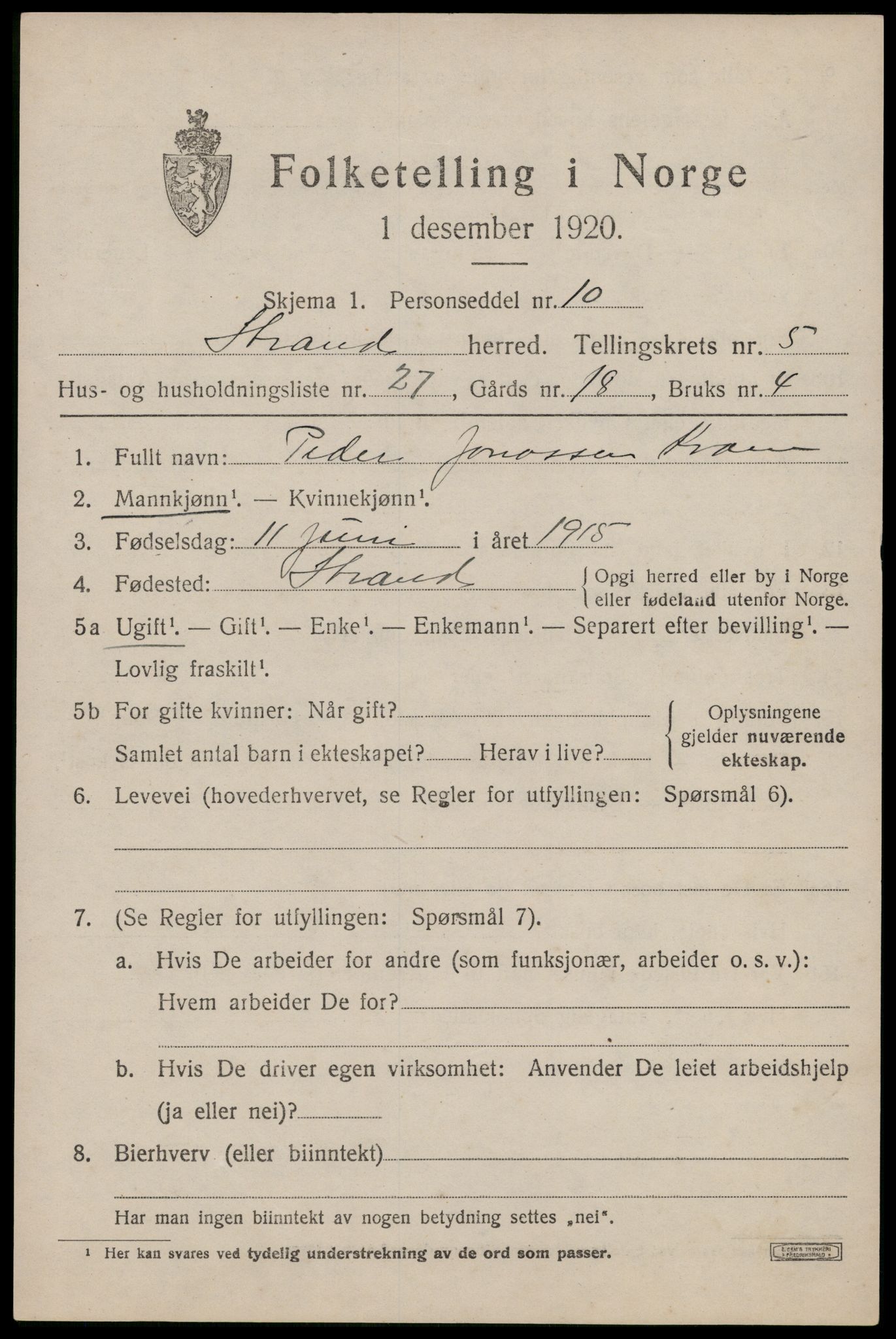 SAST, 1920 census for Strand, 1920, p. 3988