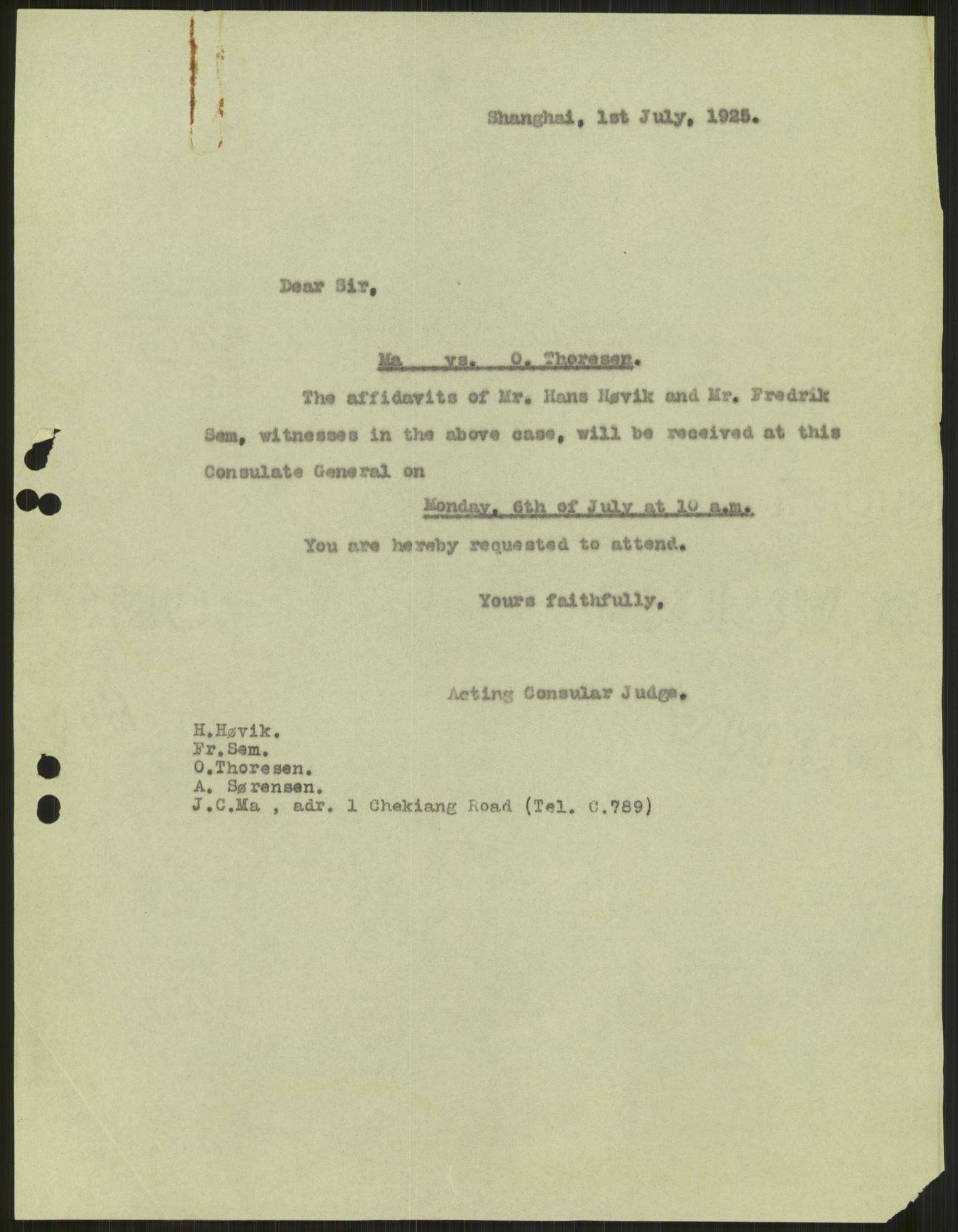 Utenriksstasjonene, Generalkonsulatet i Shanghai, Kina, AV/RA-S-2611/D/Db/L0235/0004: -- / Lov-07/22, 101/23 J.C. Ma mot O. Thoresen., 1925