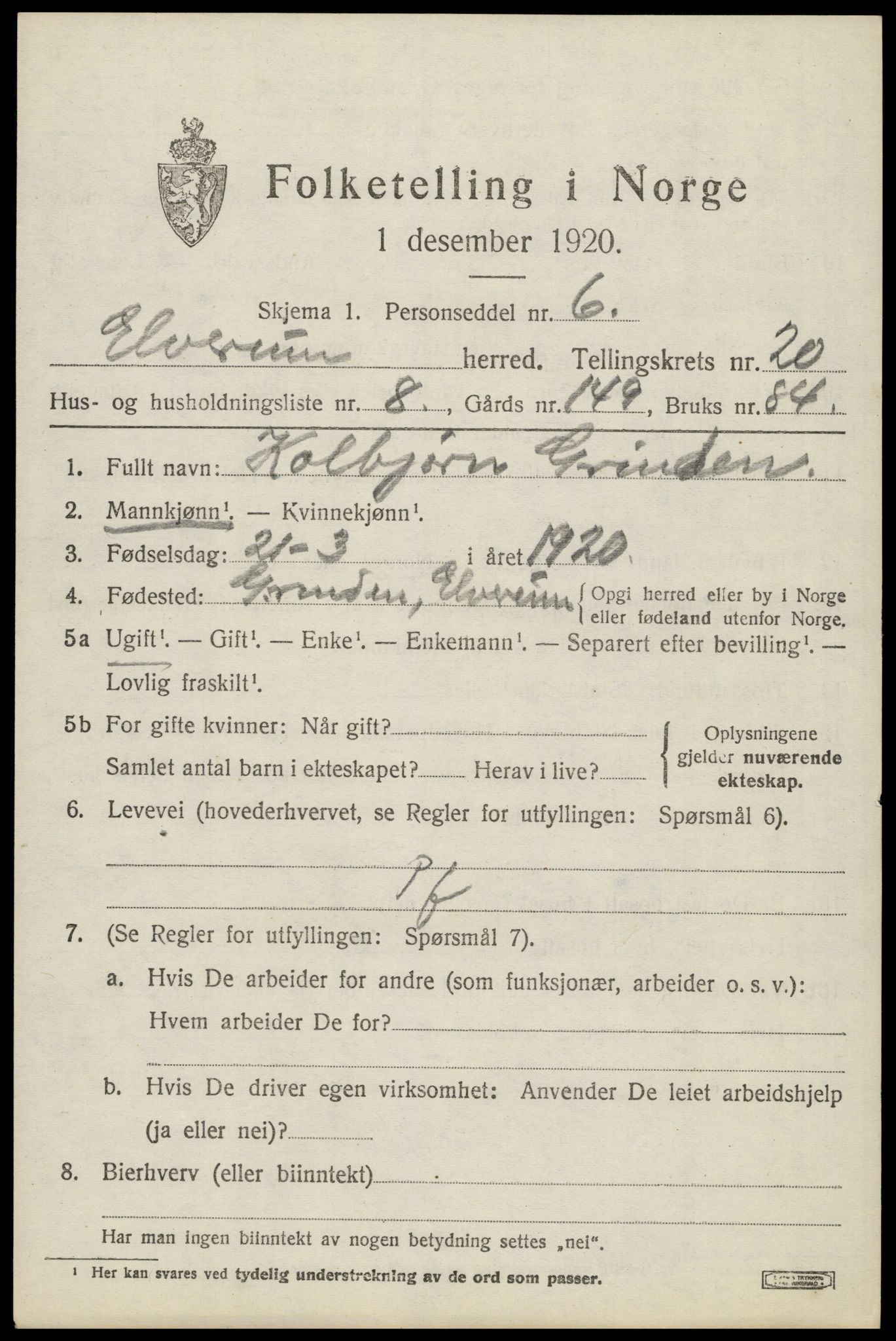 SAH, 1920 census for Elverum, 1920, p. 23386