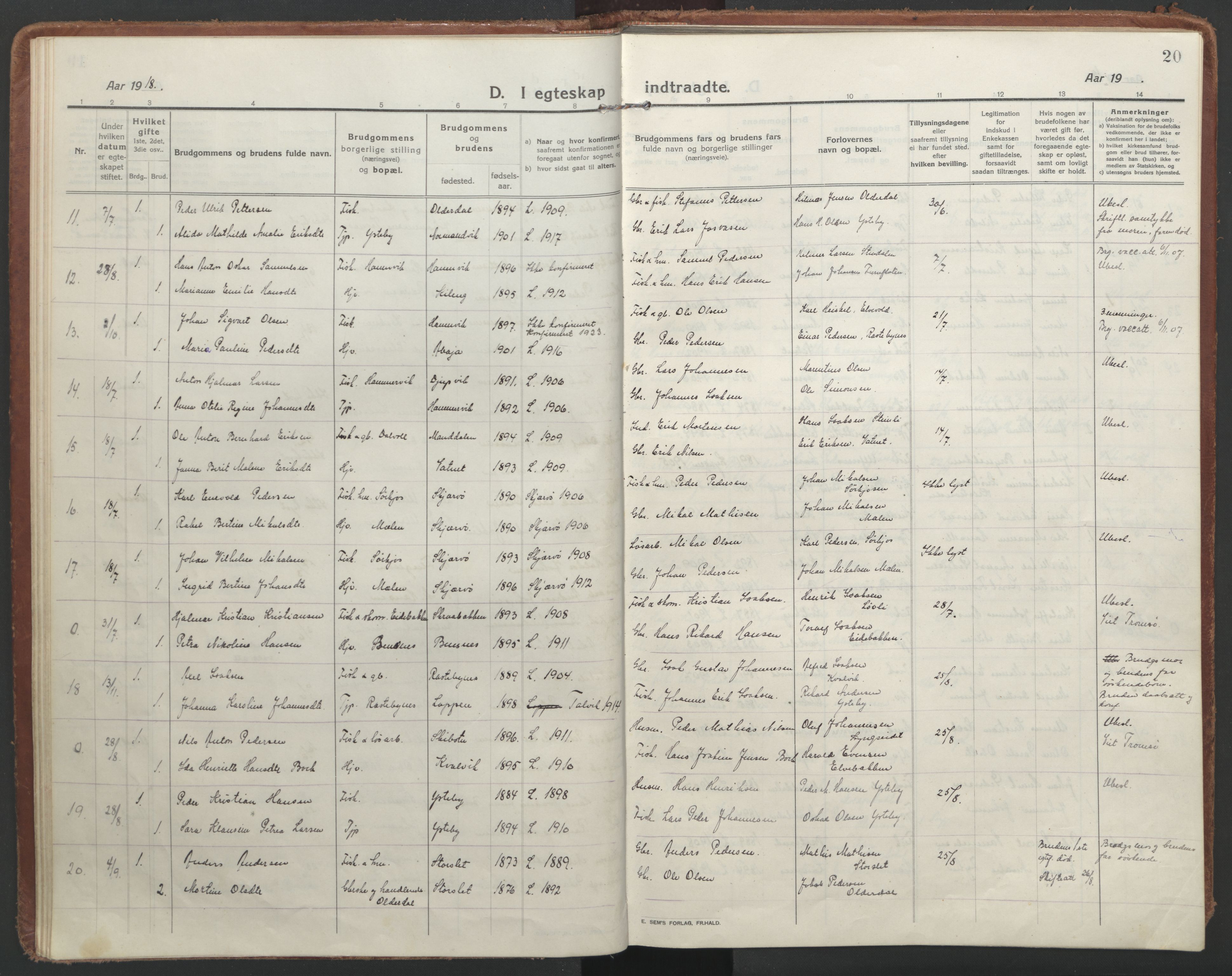 Lyngen sokneprestembete, AV/SATØ-S-1289/H/He/Hea/L0013kirke: Parish register (official) no. 13, 1914-1923, p. 20