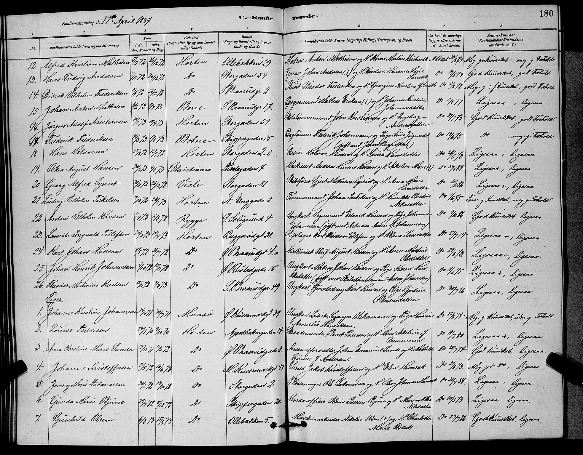 Horten kirkebøker, AV/SAKO-A-348/G/Ga/L0003: Parish register (copy) no. 4, 1878-1887, p. 180