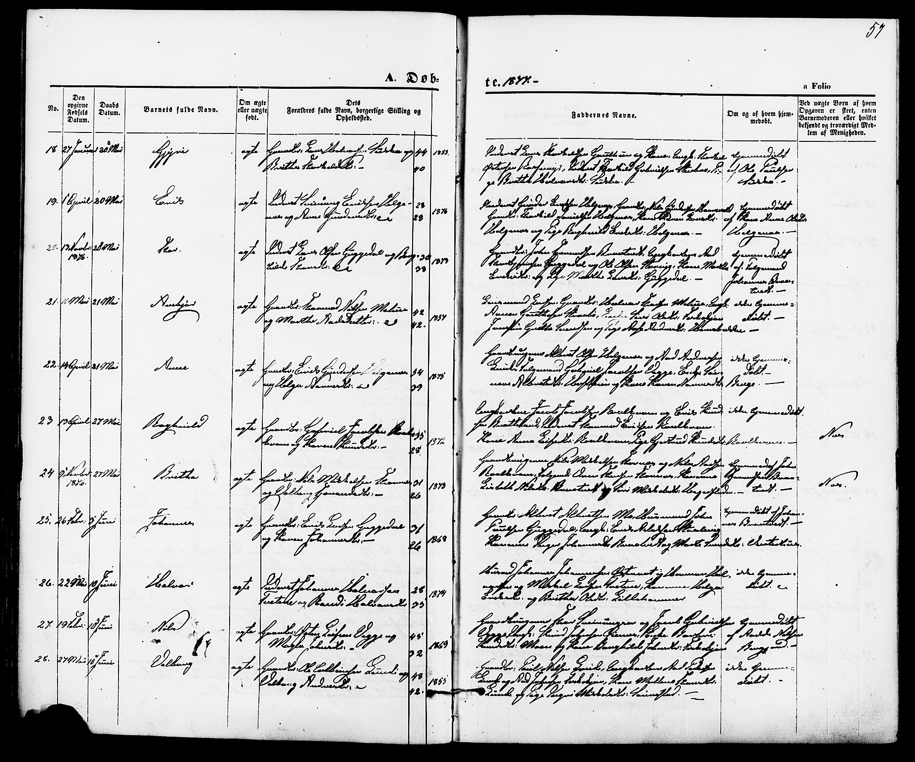 Suldal sokneprestkontor, AV/SAST-A-101845/01/IV/L0010: Parish register (official) no. A 10, 1869-1878, p. 57