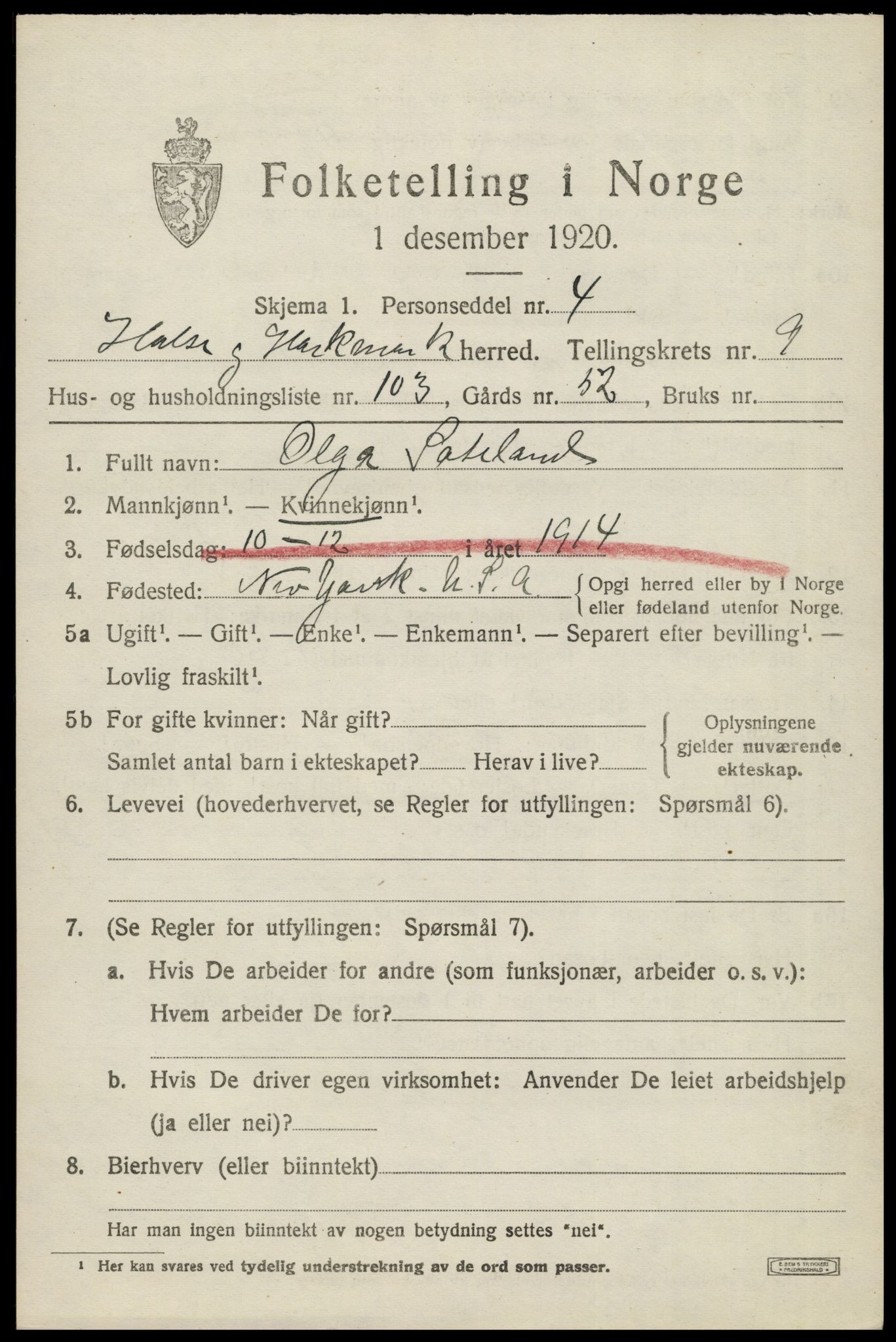 SAK, 1920 census for Halse og Harkmark, 1920, p. 5605