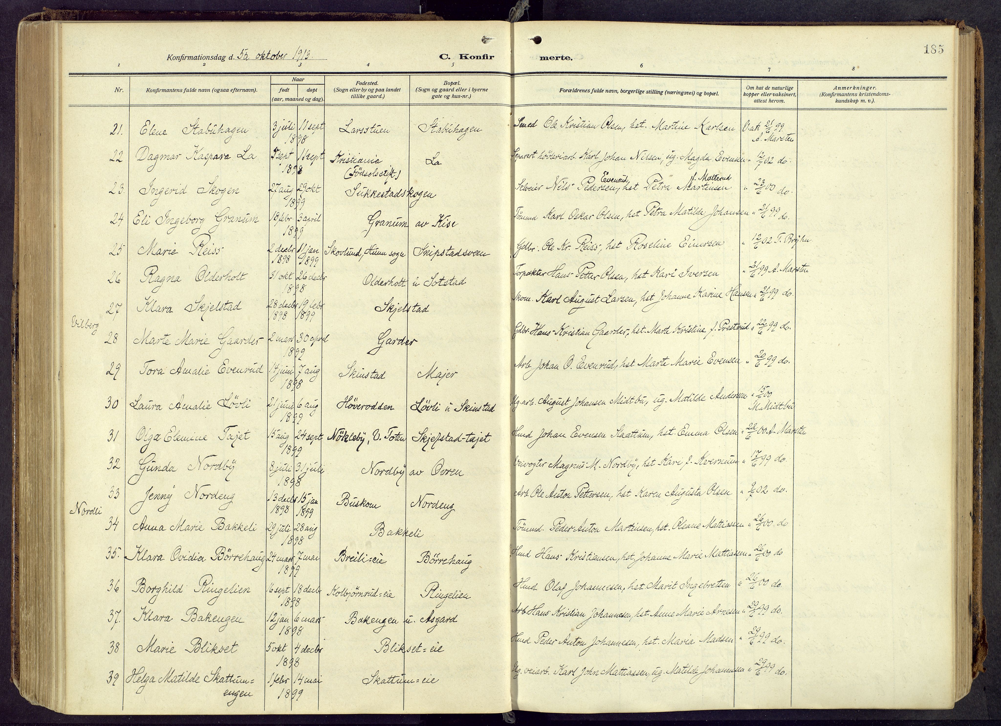 Østre Toten prestekontor, AV/SAH-PREST-104/H/Ha/Haa/L0010: Parish register (official) no. 10, 1910-1920, p. 185