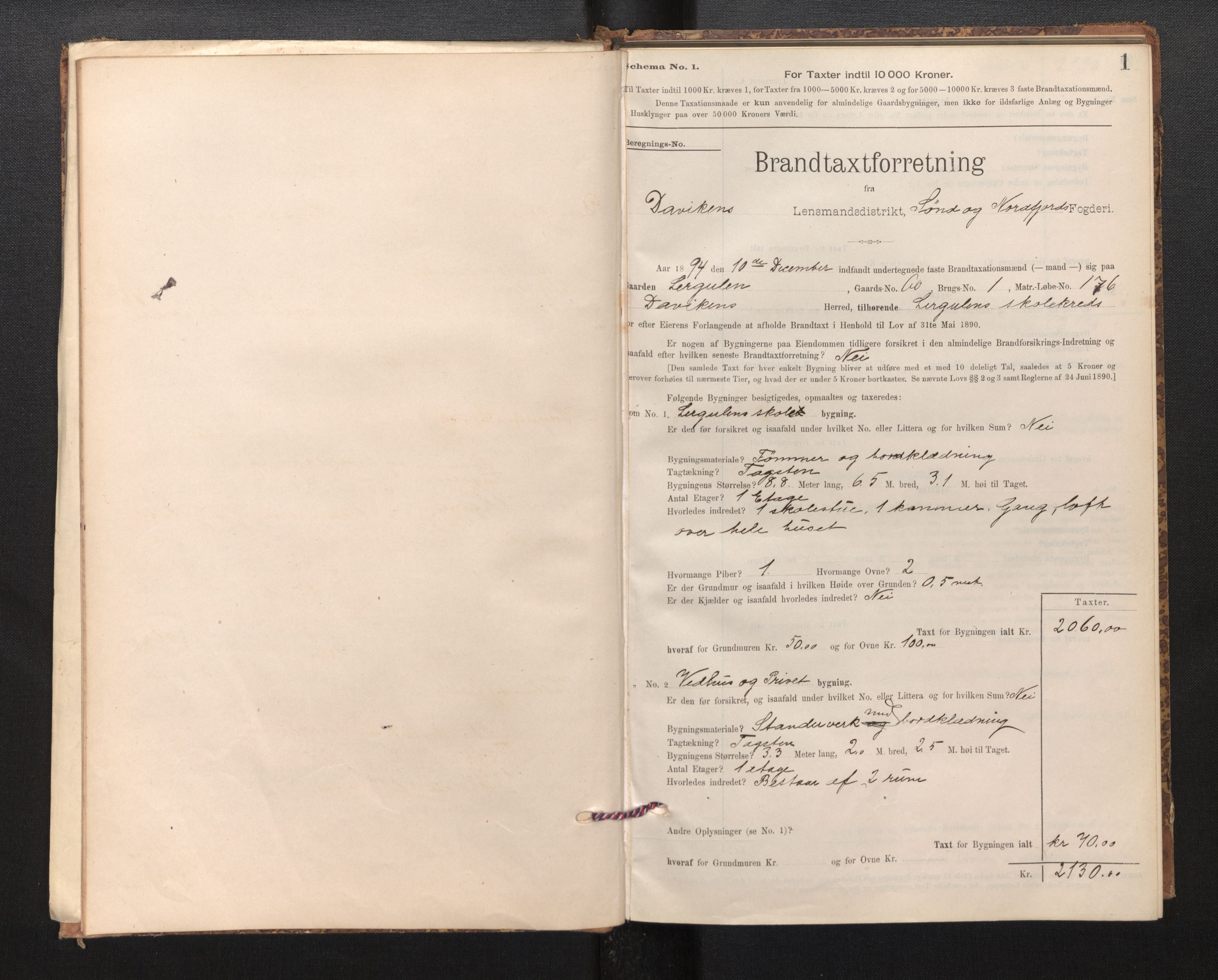 Lensmannen i Davik, AV/SAB-A-26801/0012/L0004: Branntakstprotokoll, skjematakst, 1894-1915, p. 1