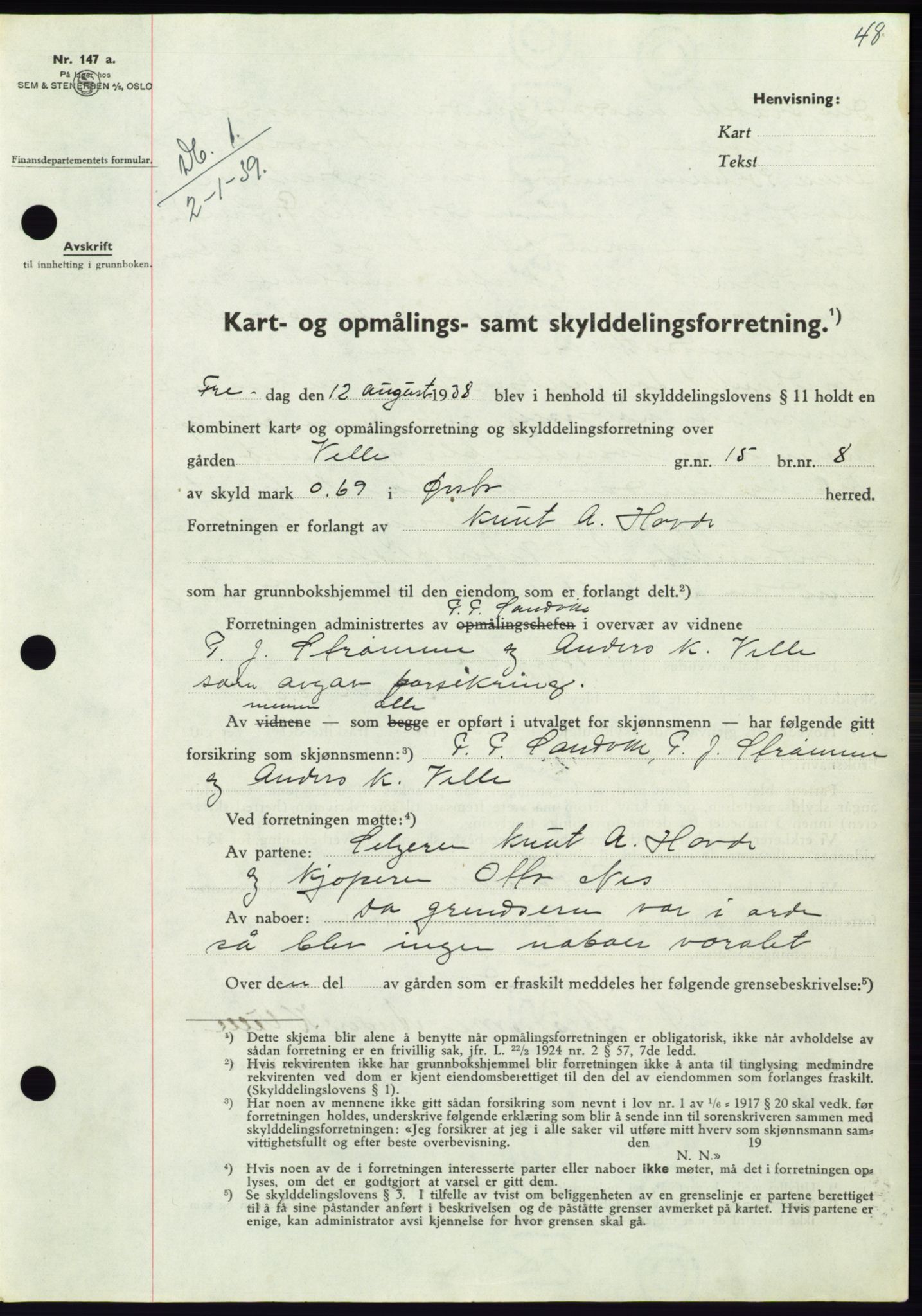 Søre Sunnmøre sorenskriveri, AV/SAT-A-4122/1/2/2C/L0067: Mortgage book no. 61, 1938-1939, Diary no: : 1/1939