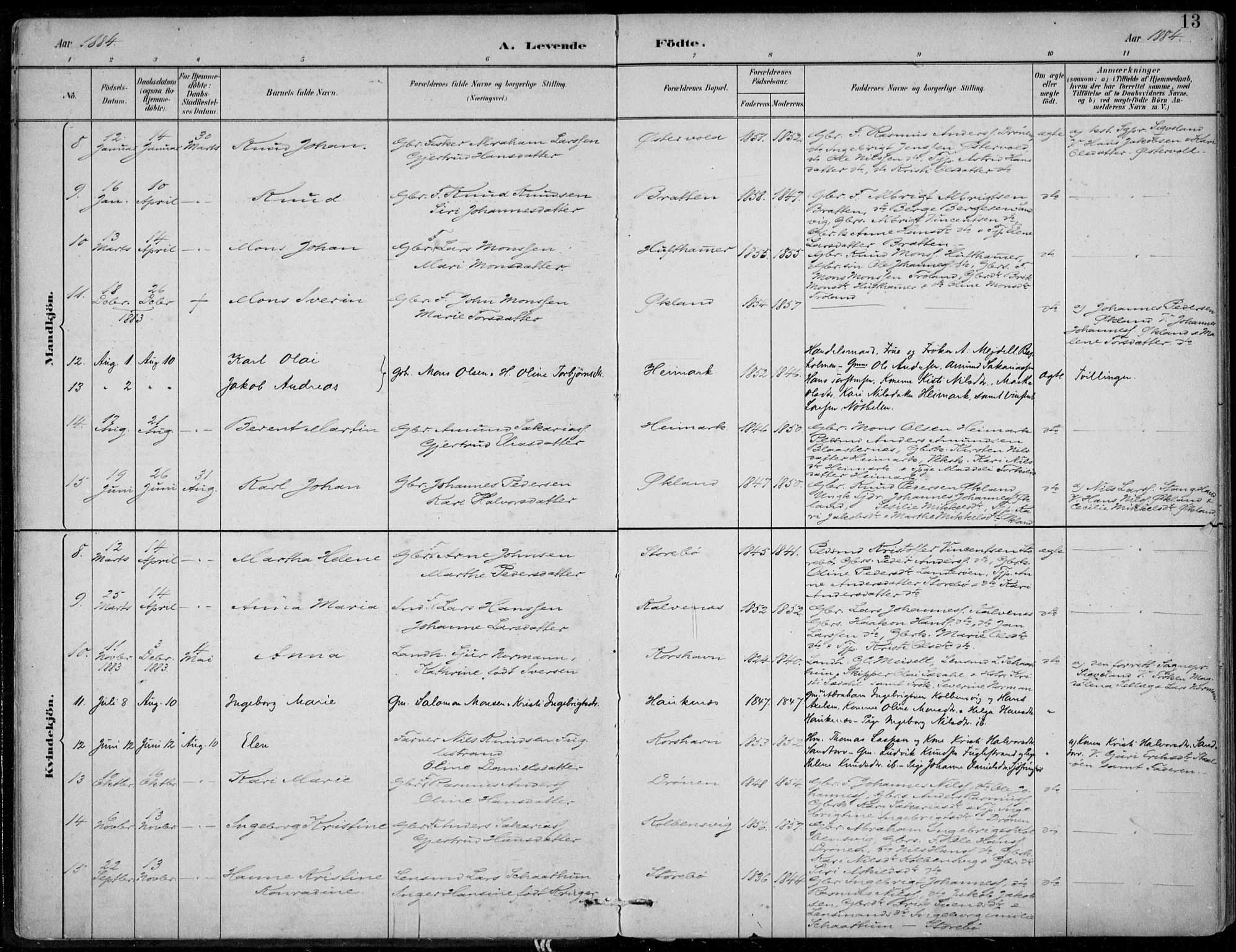 Sund sokneprestembete, SAB/A-99930: Parish register (official) no. C  1, 1882-1899, p. 13