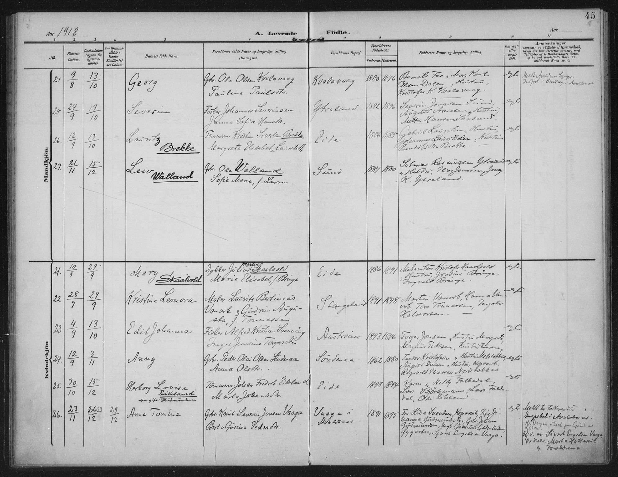 Kopervik sokneprestkontor, AV/SAST-A-101850/H/Ha/Haa/L0003: Parish register (official) no. A 3, 1906-1924, p. 45