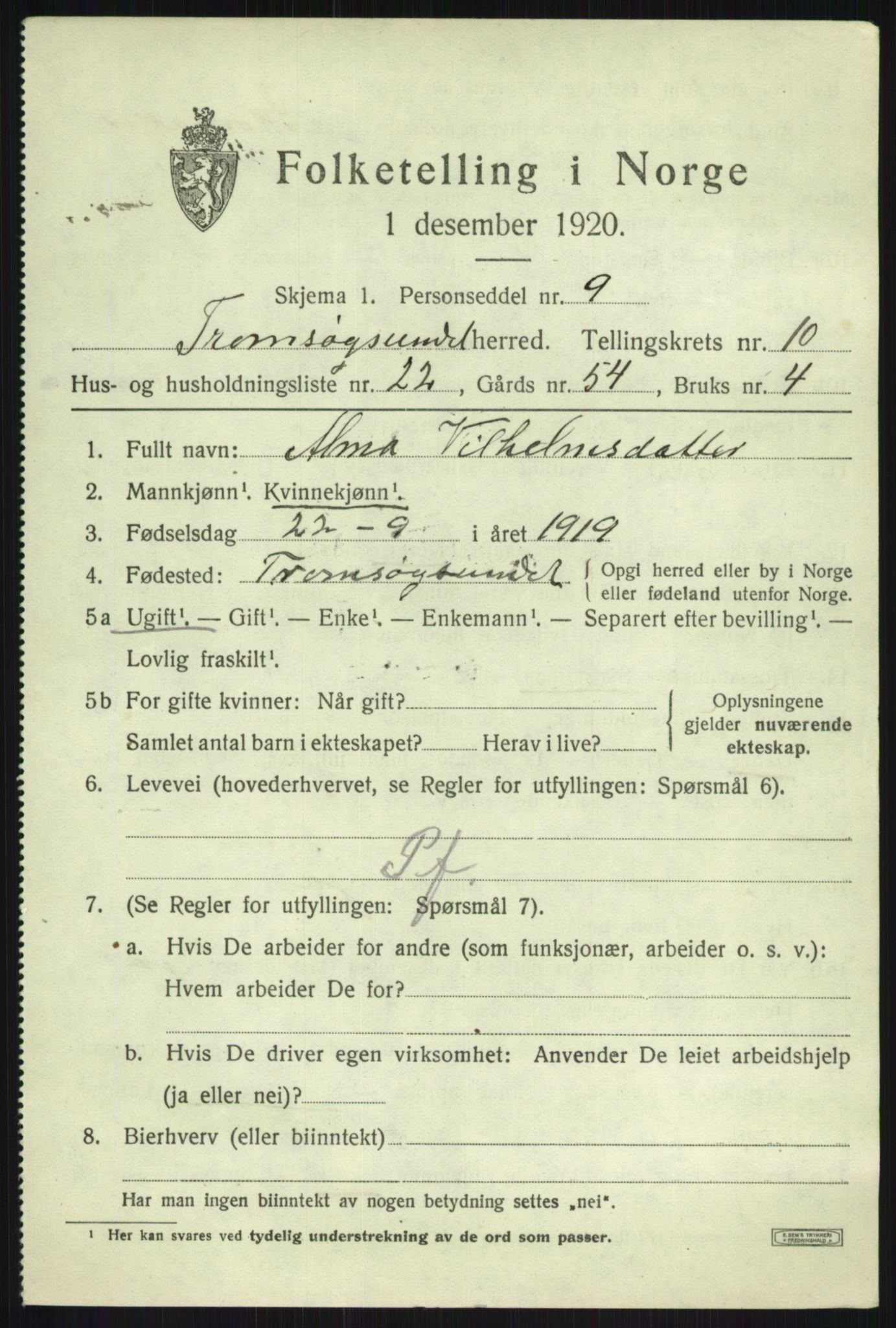 SATØ, 1920 census for Tromsøysund, 1920, p. 7240