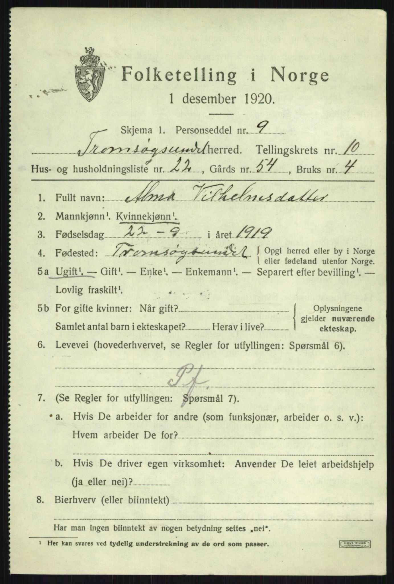 SATØ, 1920 census for Tromsøysund, 1920, p. 7240