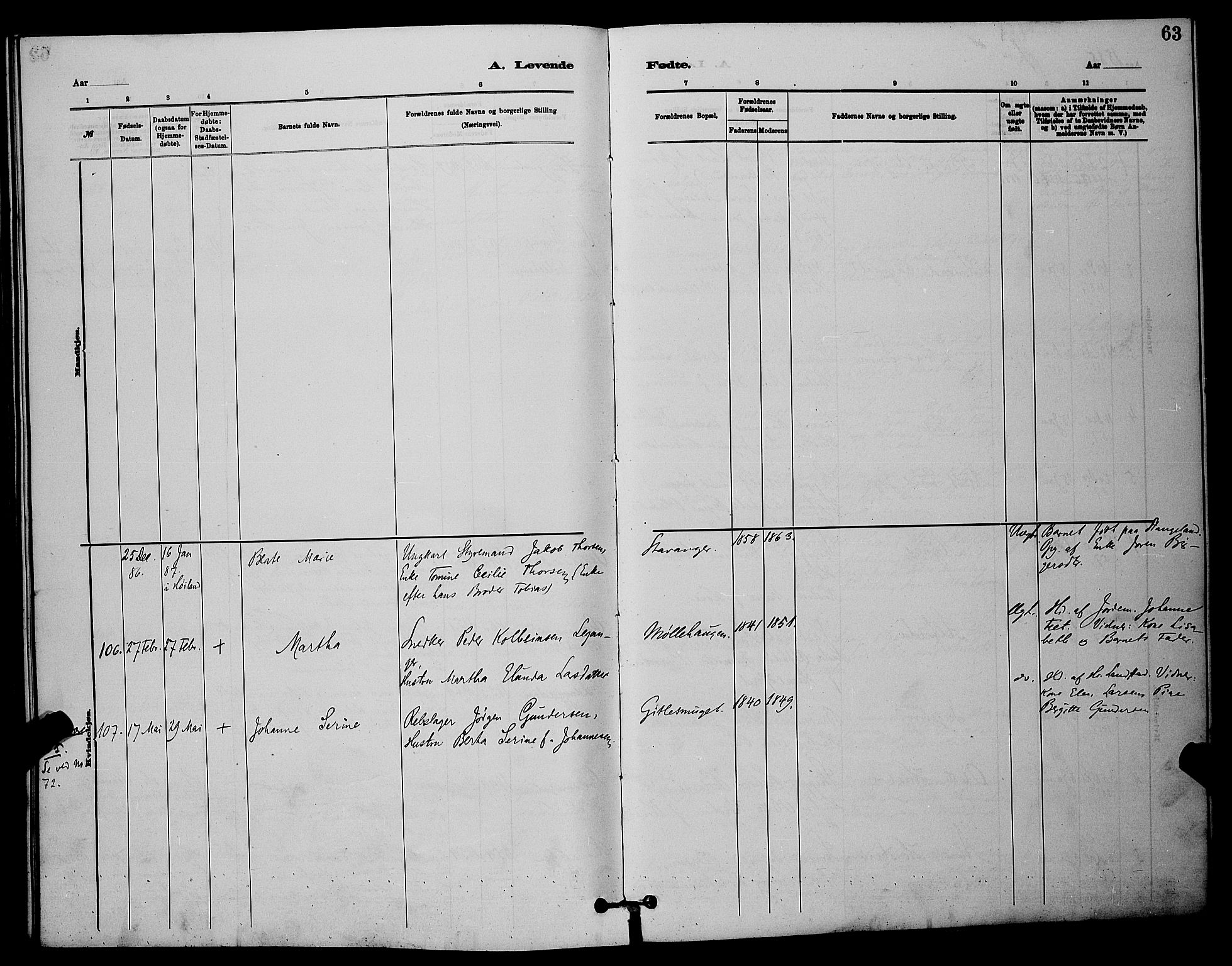 St. Johannes sokneprestkontor, AV/SAST-A-101814/001/30/30BB/L0001: Parish register (copy) no. B 1, 1885-1897, p. 63