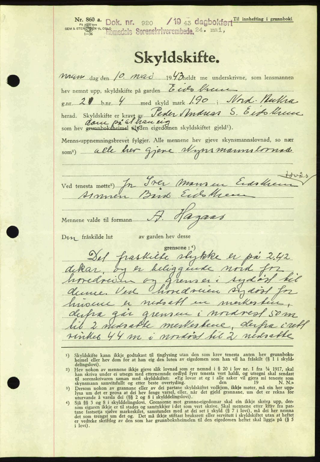 Romsdal sorenskriveri, AV/SAT-A-4149/1/2/2C: Mortgage book no. A14, 1943-1943, Diary no: : 920/1943