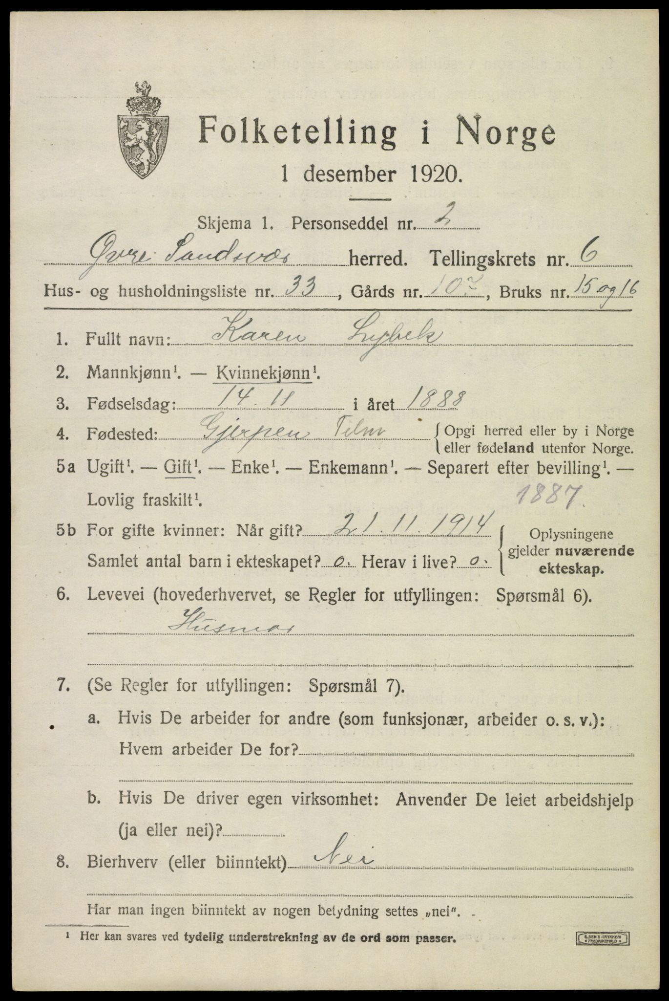 SAKO, 1920 census for Øvre Sandsvær, 1920, p. 3730