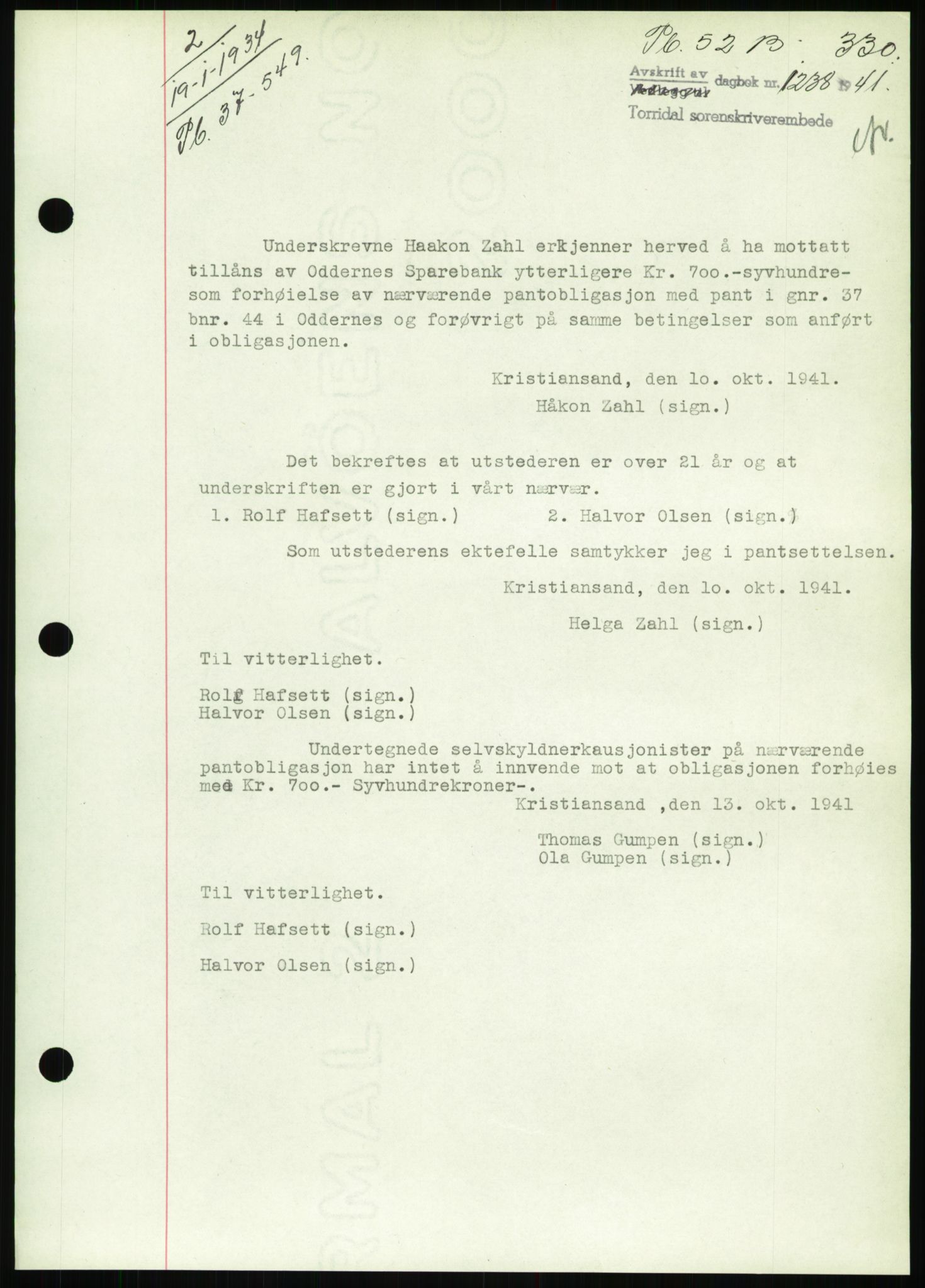 Torridal sorenskriveri, SAK/1221-0012/G/Gb/Gbb/L0008: Mortgage book no. 52b, 1940-1942, Diary no: : 1238/1941