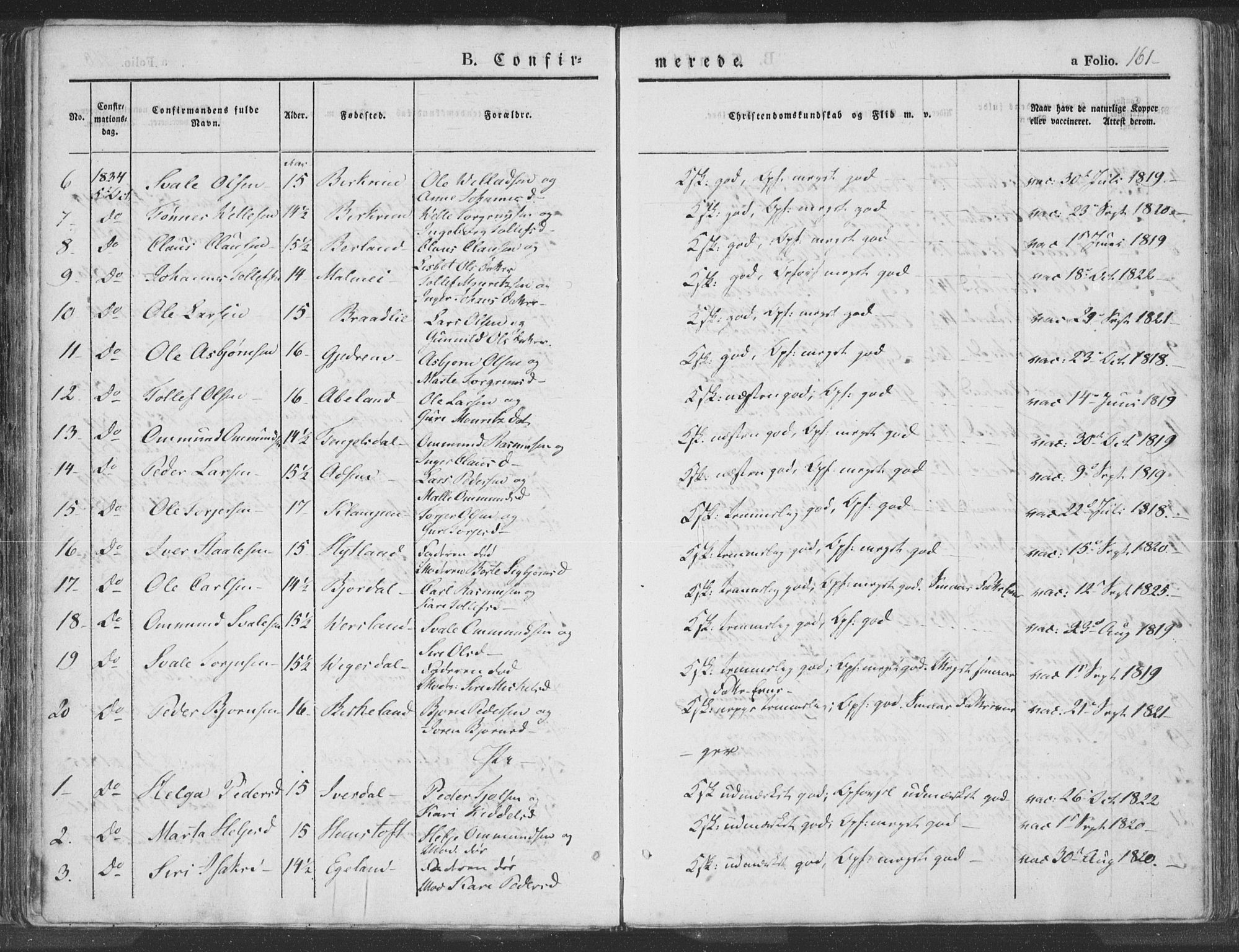 Helleland sokneprestkontor, SAST/A-101810: Parish register (official) no. A 6.1, 1834-1863, p. 161