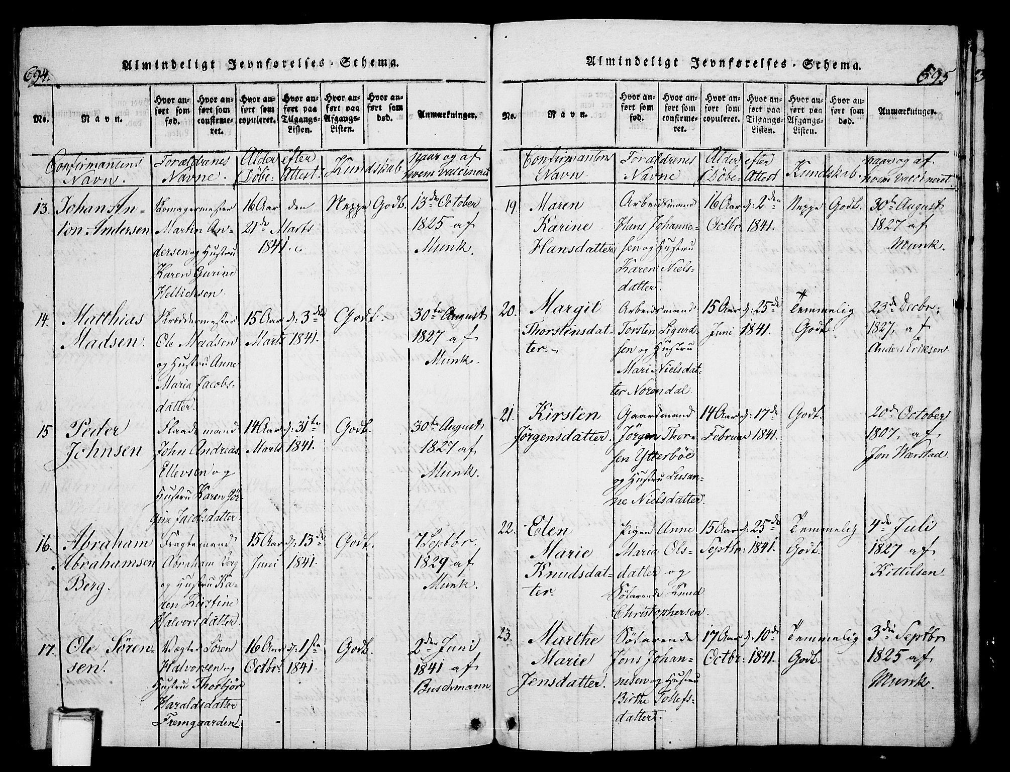 Skien kirkebøker, AV/SAKO-A-302/G/Ga/L0002: Parish register (copy) no. 2, 1814-1842, p. 694-695