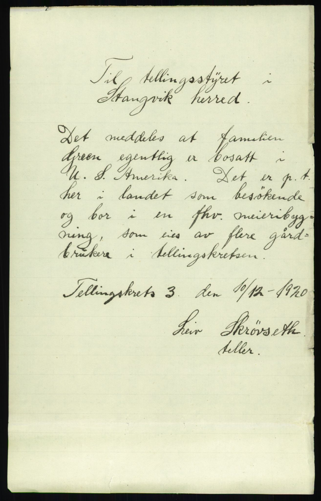 SAT, 1920 census for Stangvik, 1920, p. 300