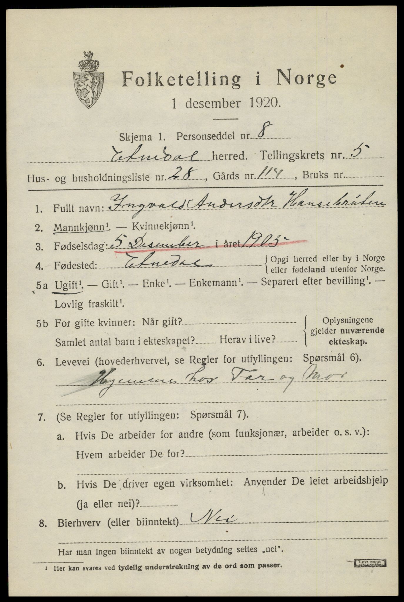 SAH, 1920 census for Etnedal, 1920, p. 2226